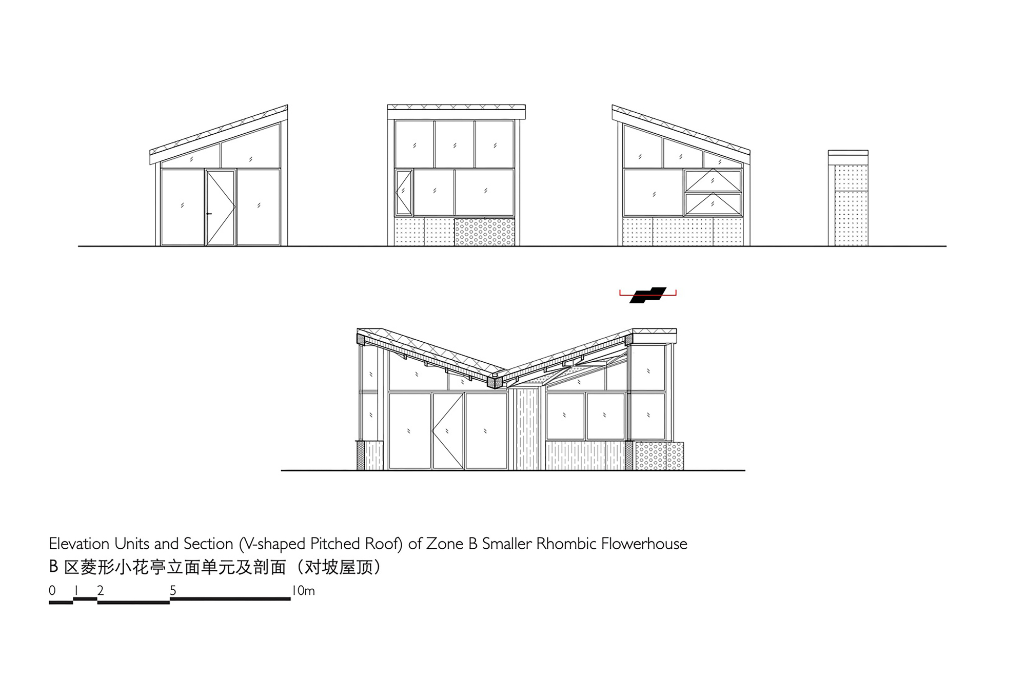 Elevation and section drawing of a small flowerhouse with a V-shaped pitched roof, showing glazed panels, a door and a patterned base