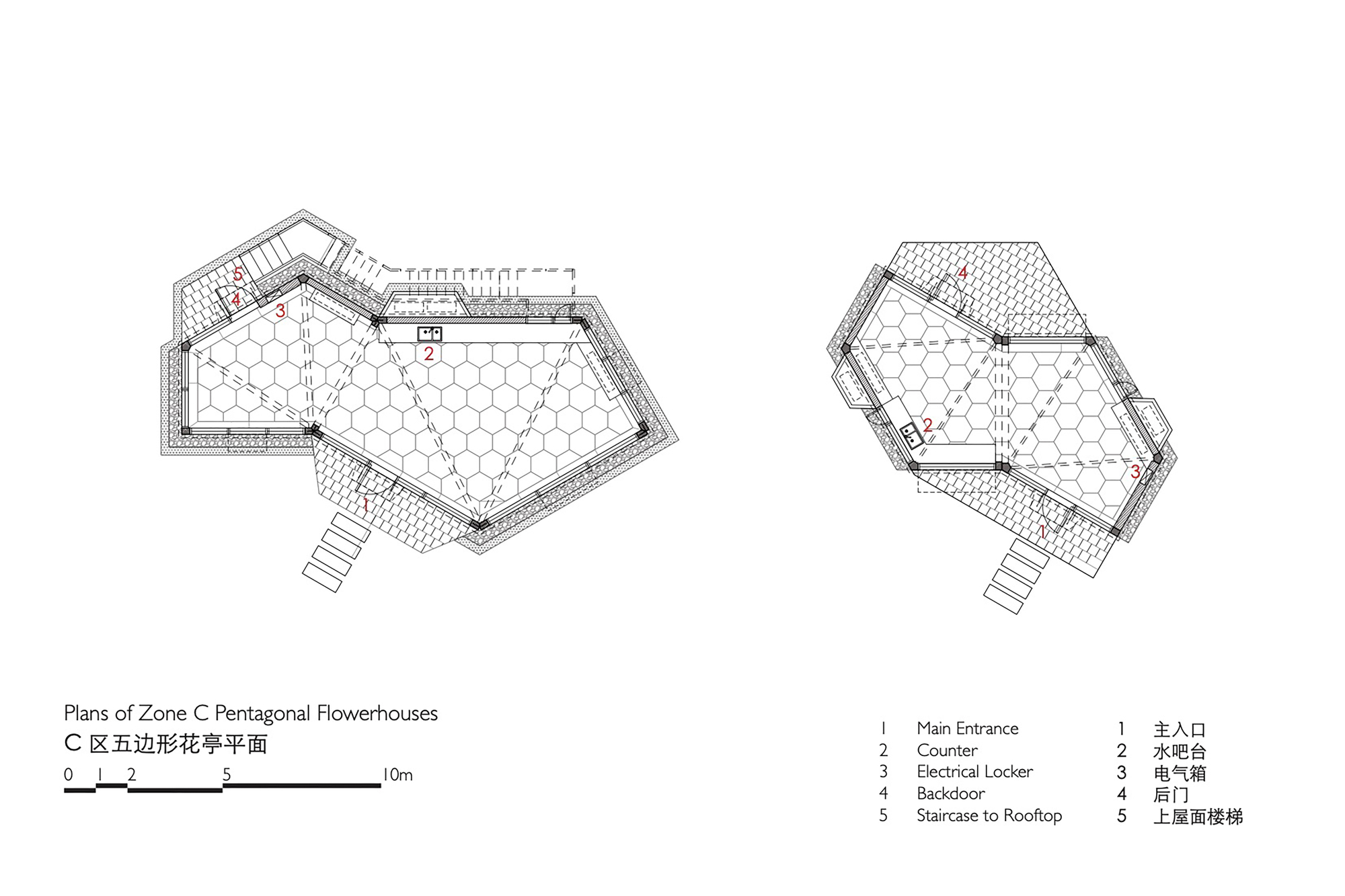 Plan drawing of two pentagonal flowerhouses with hexagonal floor tiling, a counter, entrances and a rooftop staircase marked by numbered keys