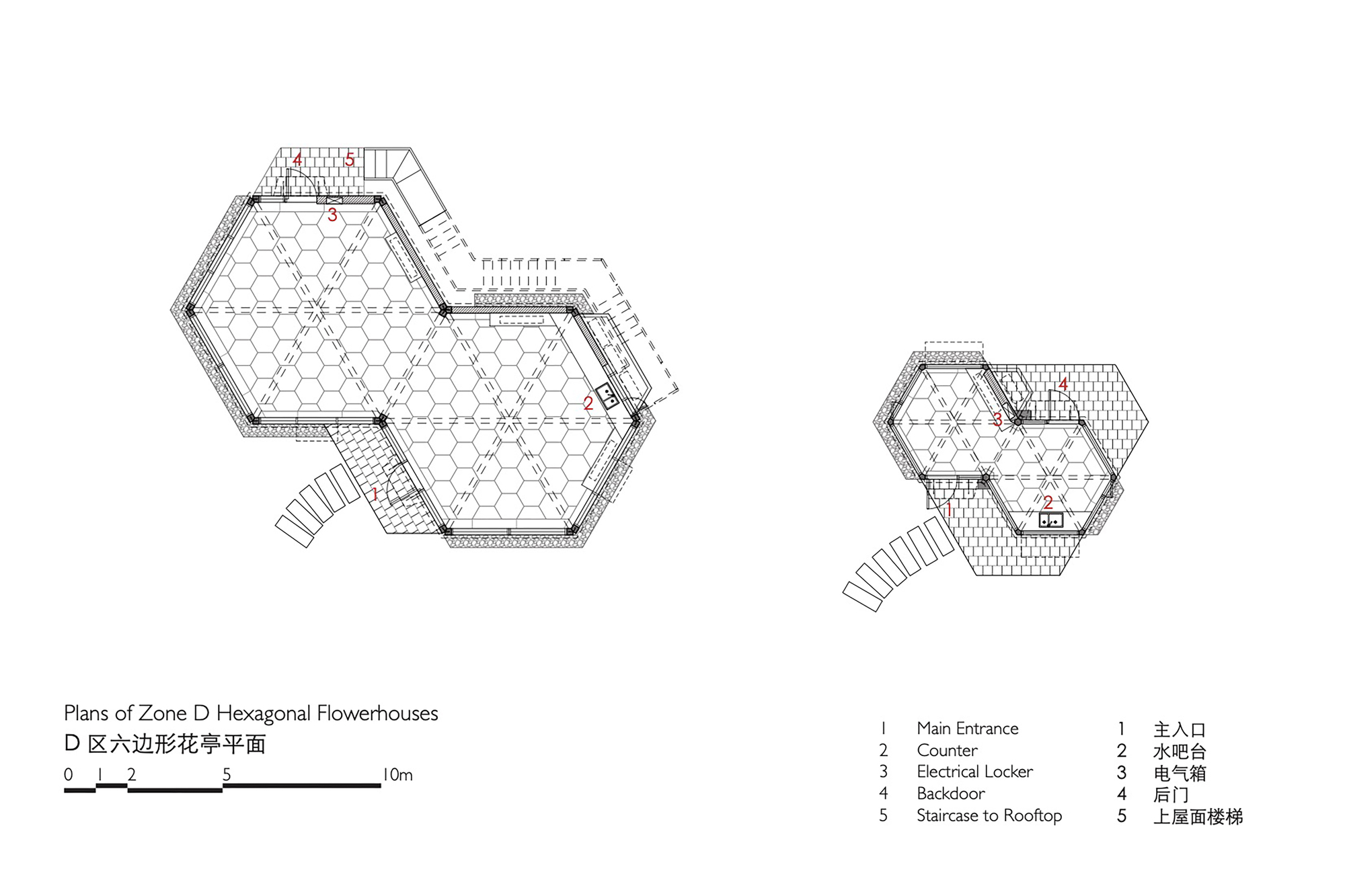 Plan drawing of two hexagonal flowerhouses with honeycomb floor pattern, curved entry steps, a counter and a numbered legend