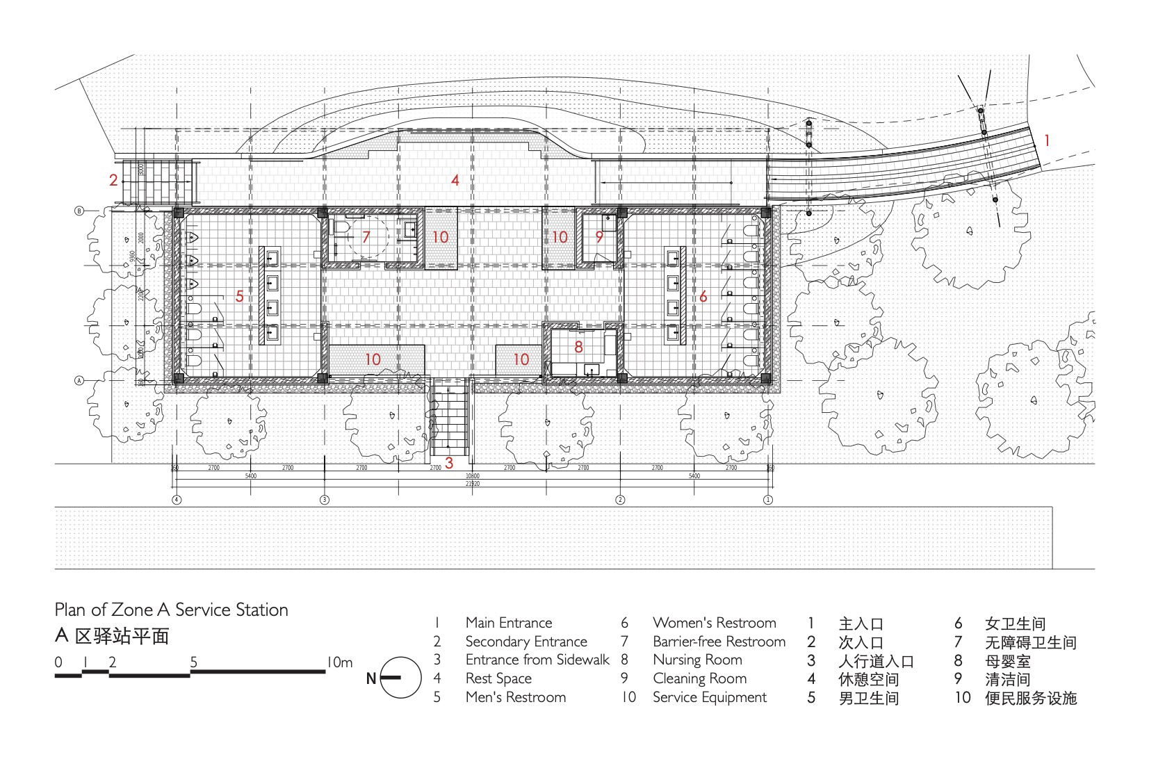 Floor plan drawing of a service station with restrooms at both ends, a central rest space, entrances and surrounding trees