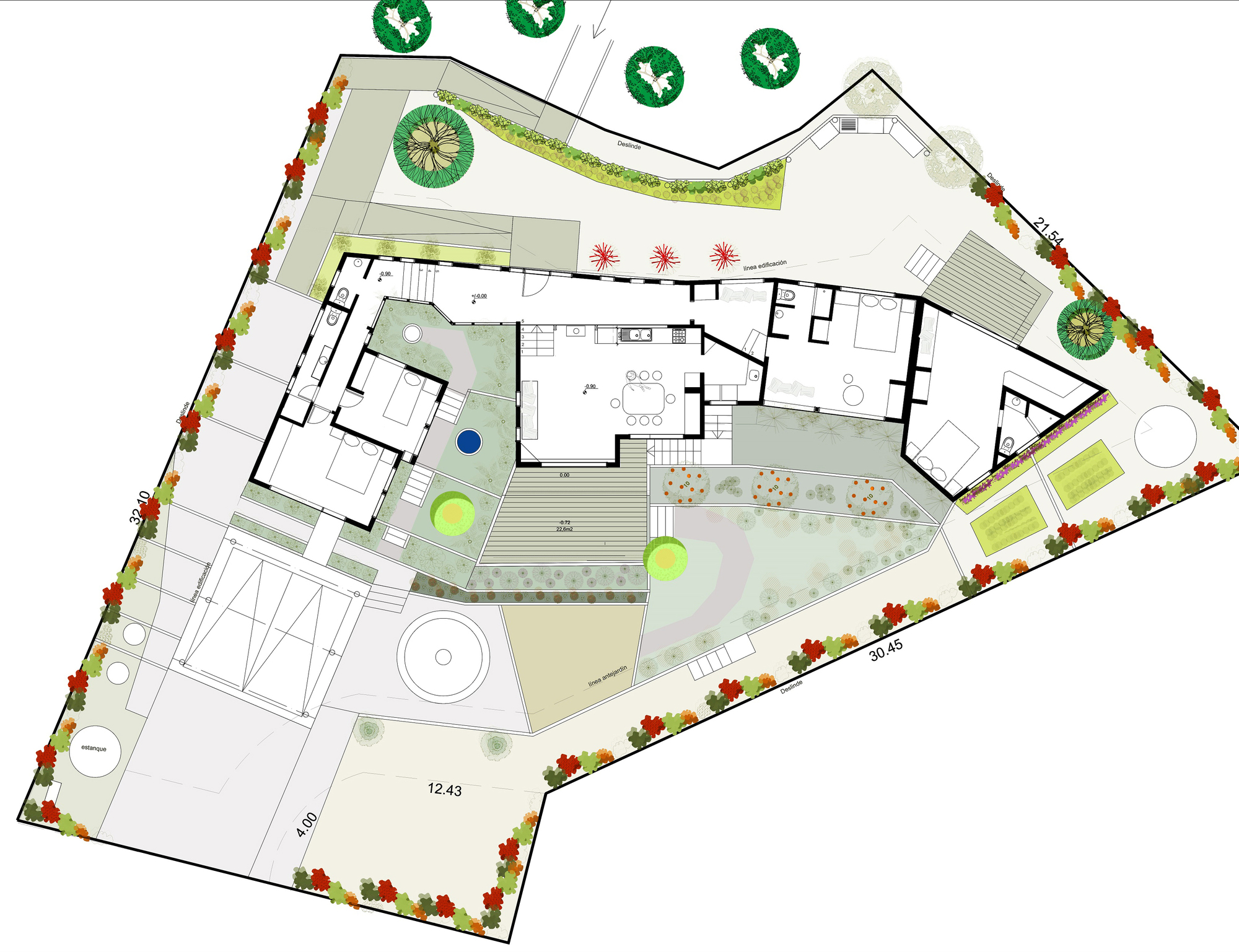 Site plan drawing showing the angular house footprint with bedrooms, central living area, deck, garden beds and a fire pit within the lot boundary