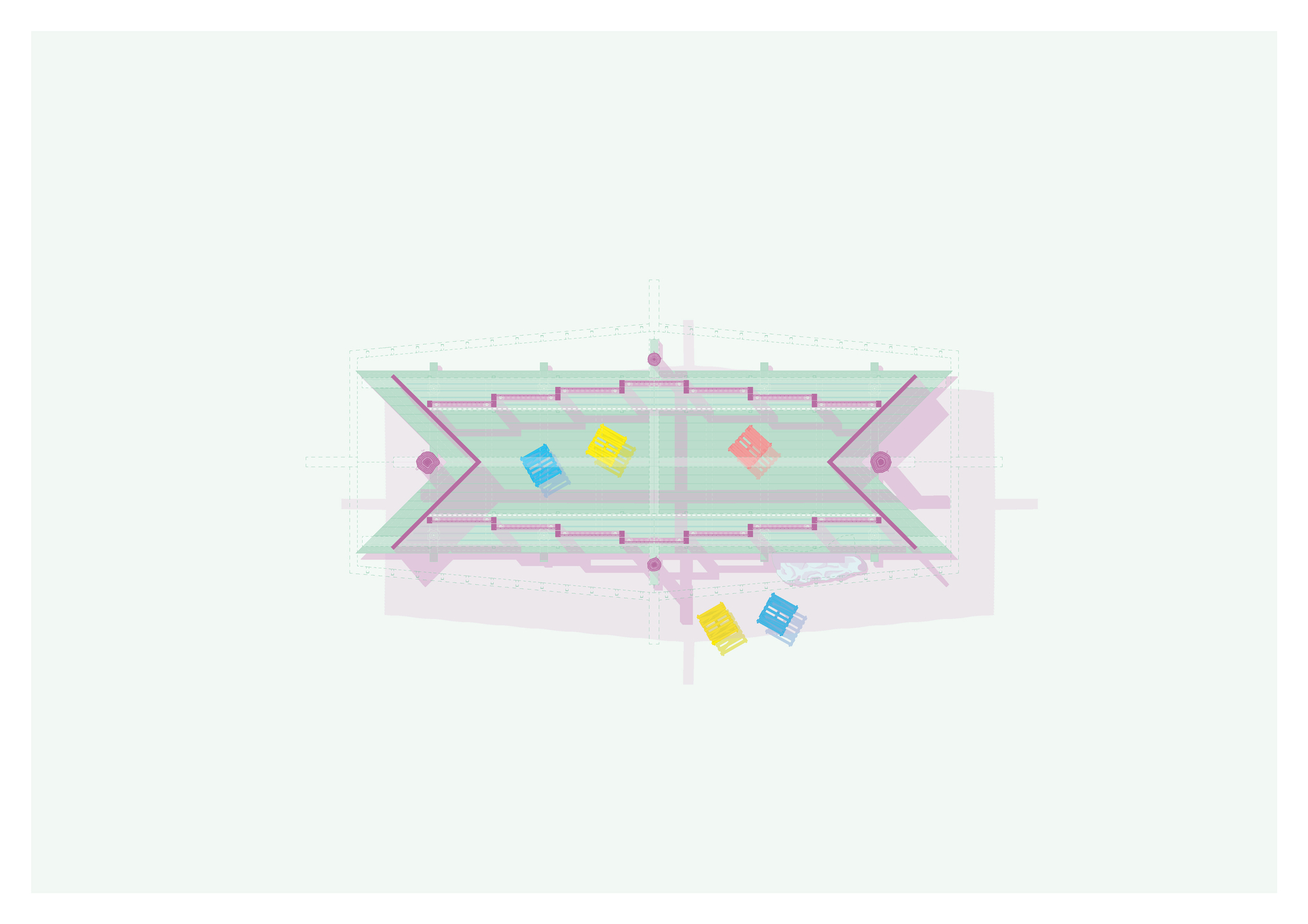 Top-down plan drawing of a hexagonal pavilion with notched chevron ends, green roof layers and small colored furniture pieces scattered around