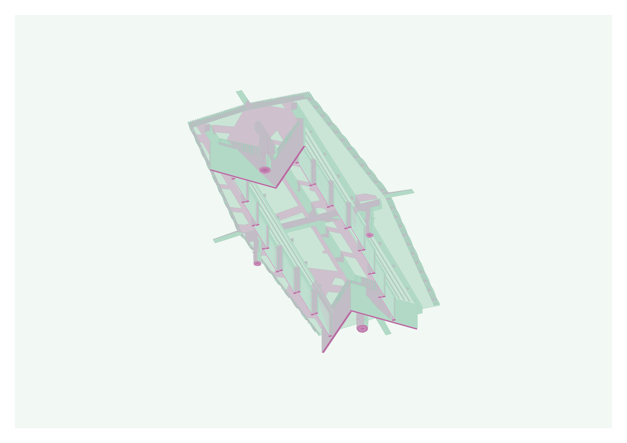 Isometric drawing of the elongated pavilion in green and mauve, showing columns, notched end walls and a layered roof structure