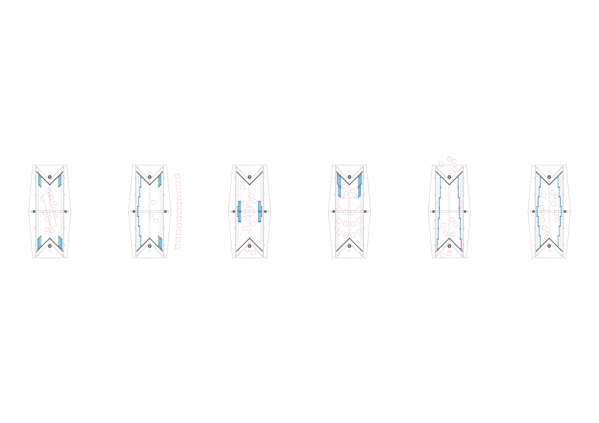 Row of six small plan drawings showing the same notched pavilion with different furniture and seating layouts in pink and blue