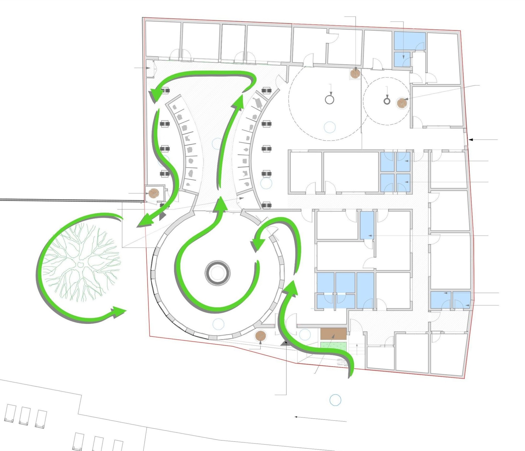 Floor plan drawing with green arrows tracing circulation around a circular central space, curved wings, a tree and surrounding rooms