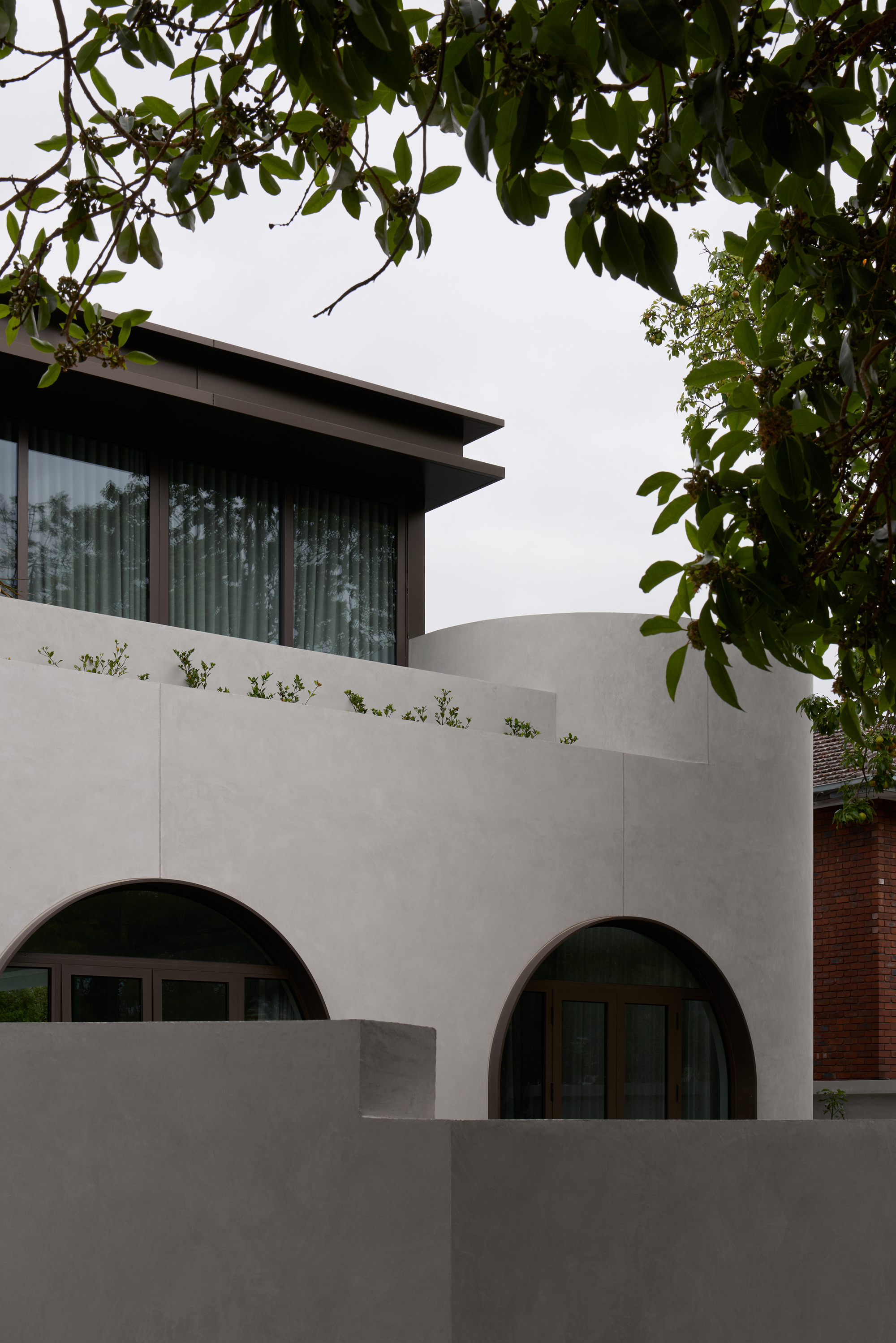 Curved rendered wall with two arched windows and a planted terrace edge, framed by leafy branches and a red brick neighbour