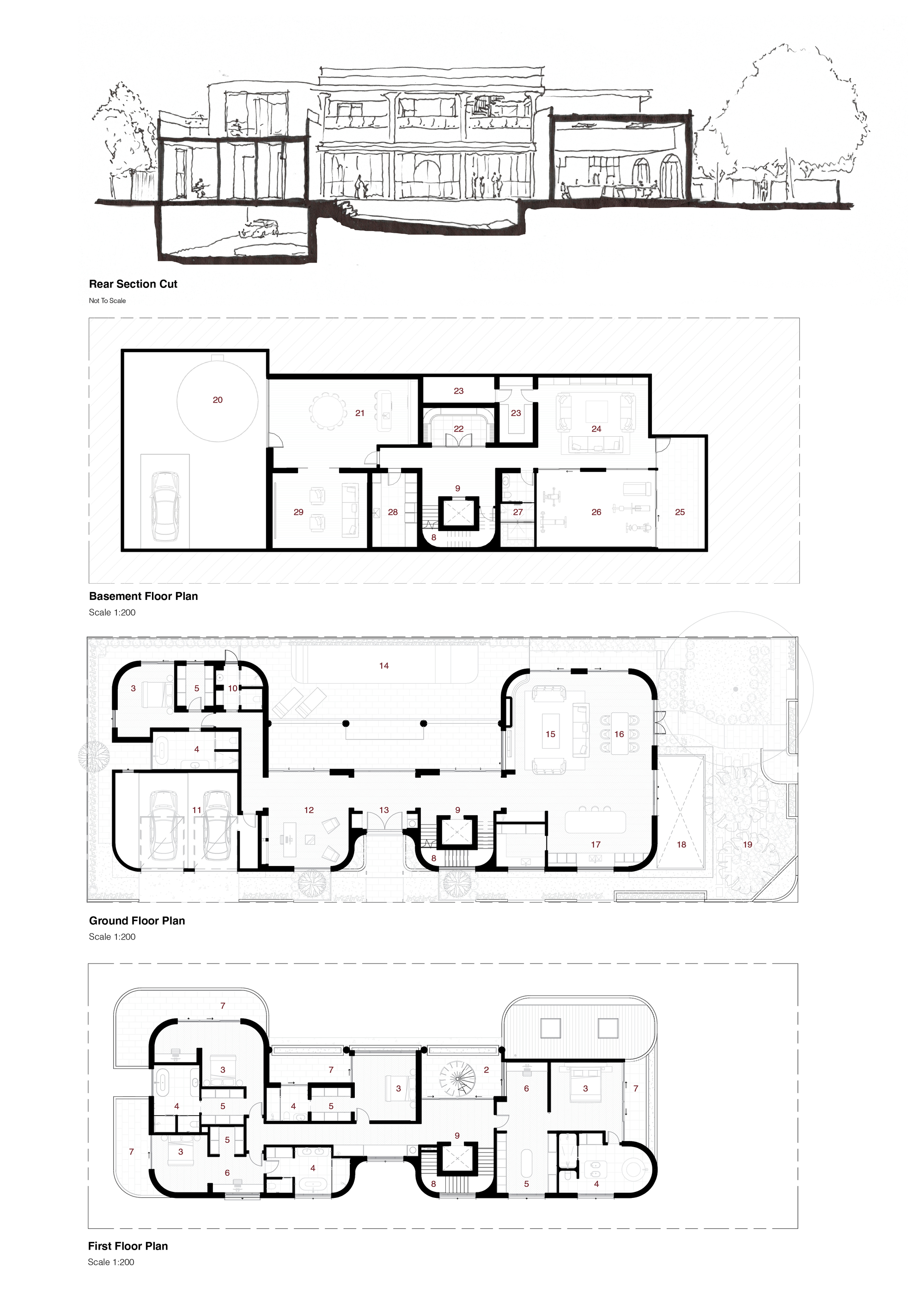 Drawing sheet with a rear section cut and basement, ground and first floor plans, showing rooms with rounded corners and numbered labels