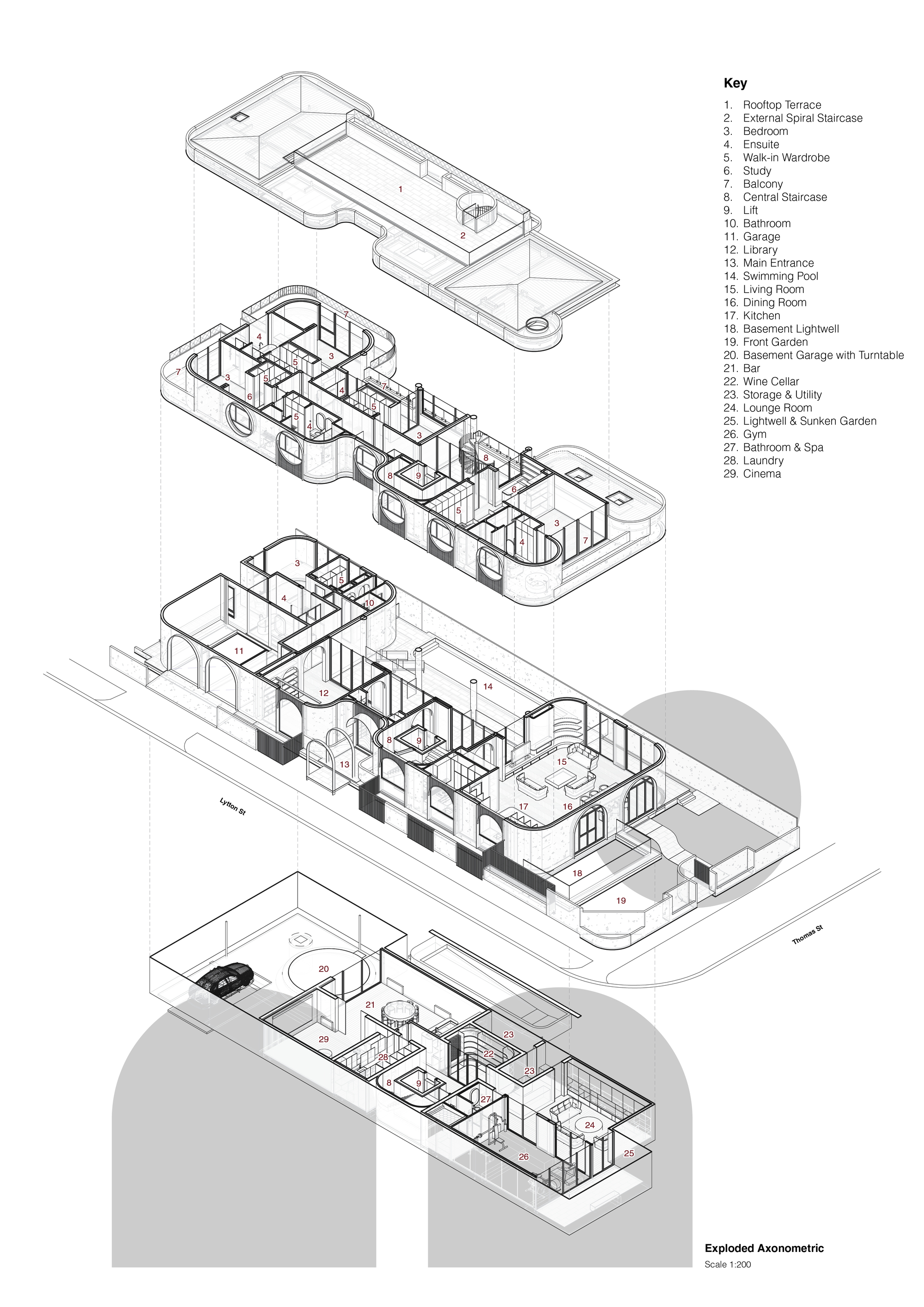 Exploded axonometric drawing separating roof terrace, first floor, ground floor and basement levels, with a numbered key of rooms