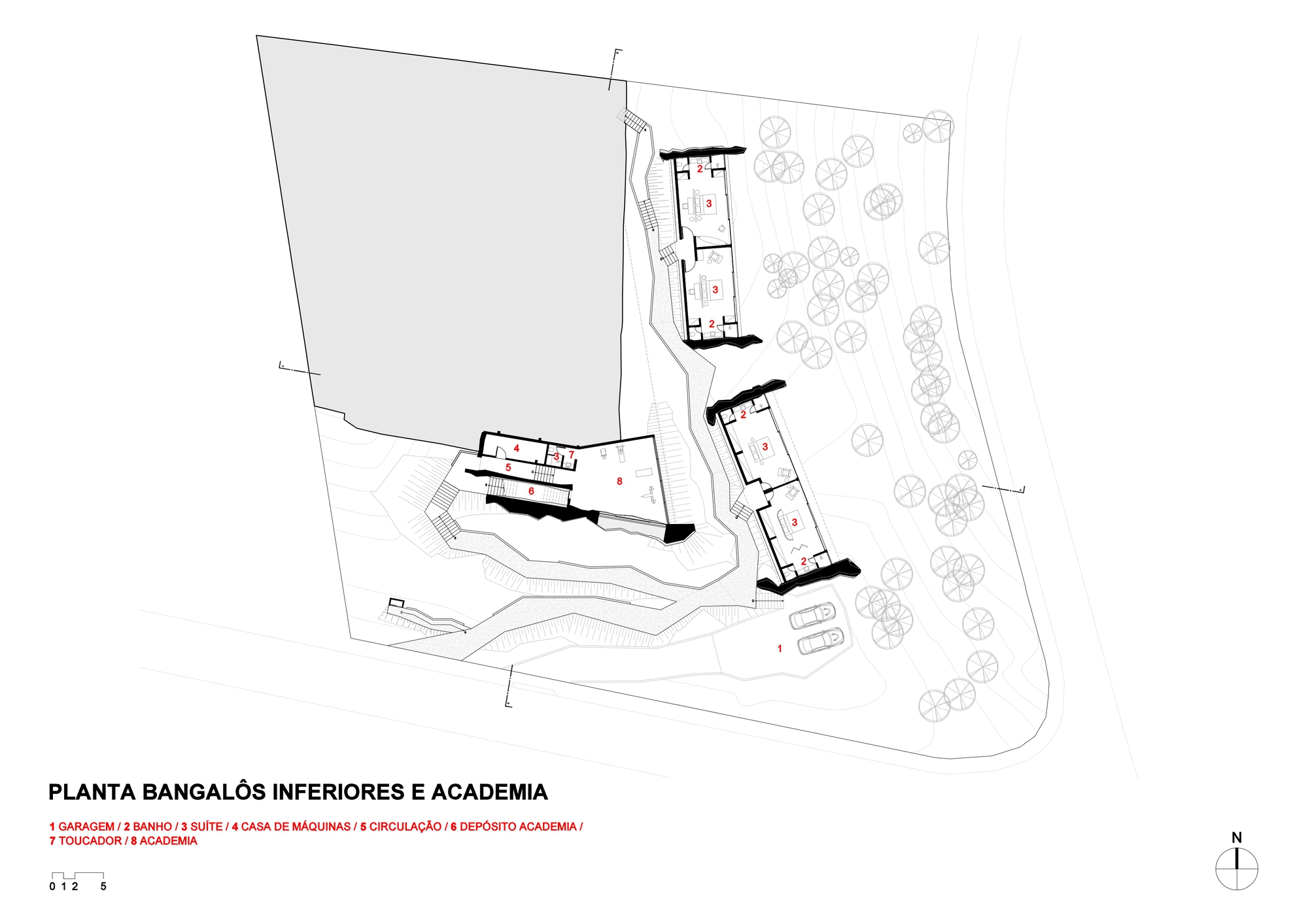 Floor plan drawing of the lower bungalows and gym, showing paired suites stepping down a wooded slope beside a parking area