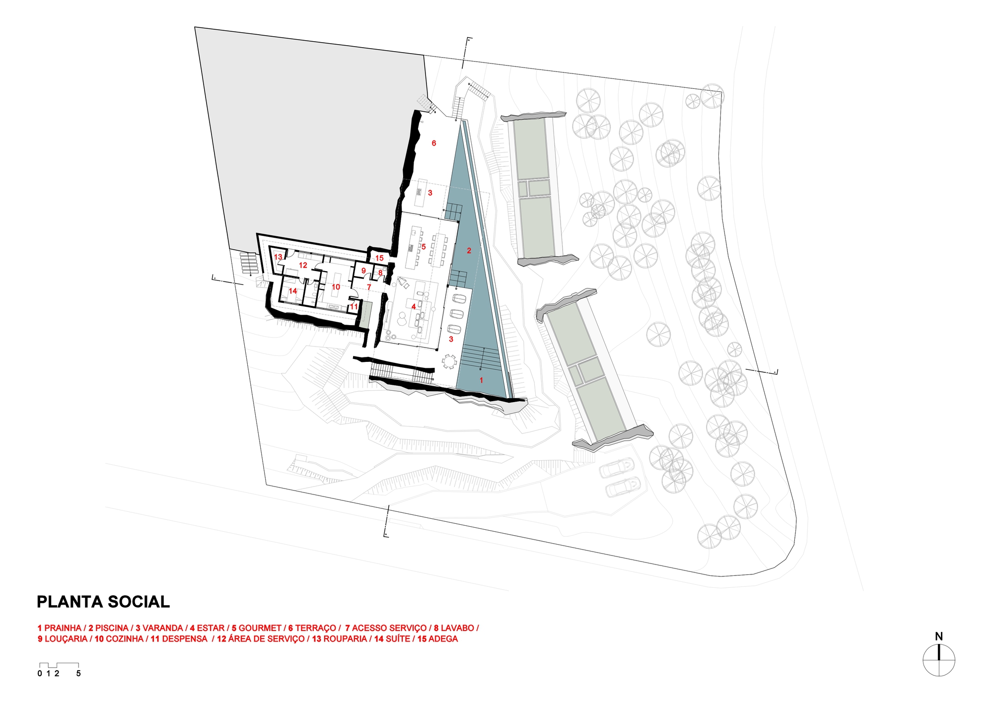 Floor plan drawing of the social level, showing a triangular pool beside living, kitchen and service rooms among surrounding trees
