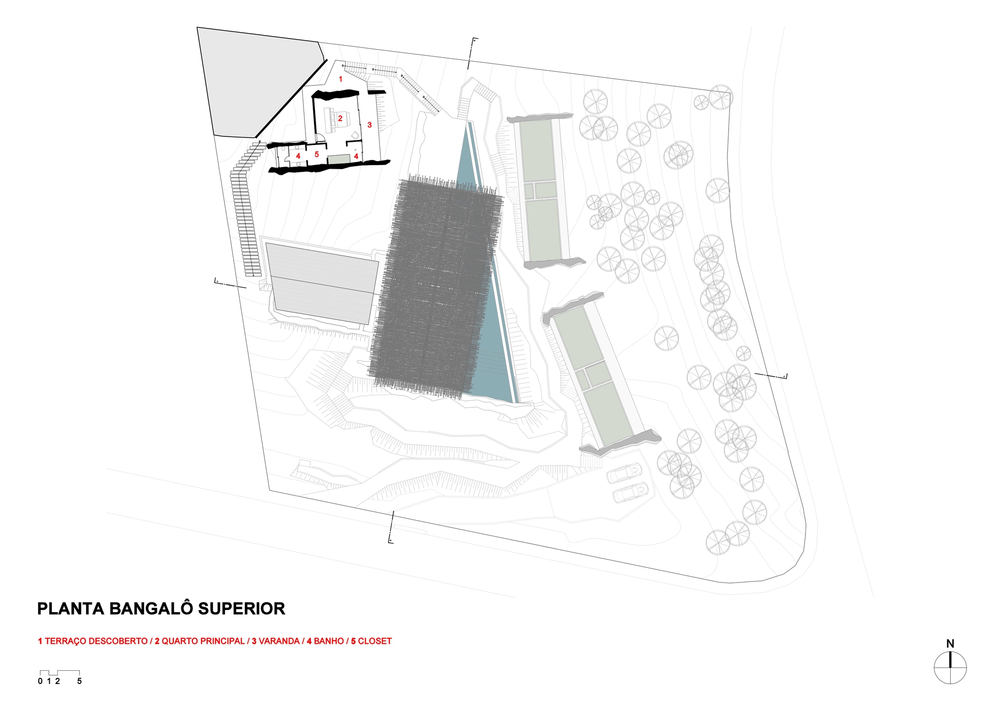 Floor plan drawing of the upper bungalow, showing the dense lattice roof over the pool terrace and a small main suite block