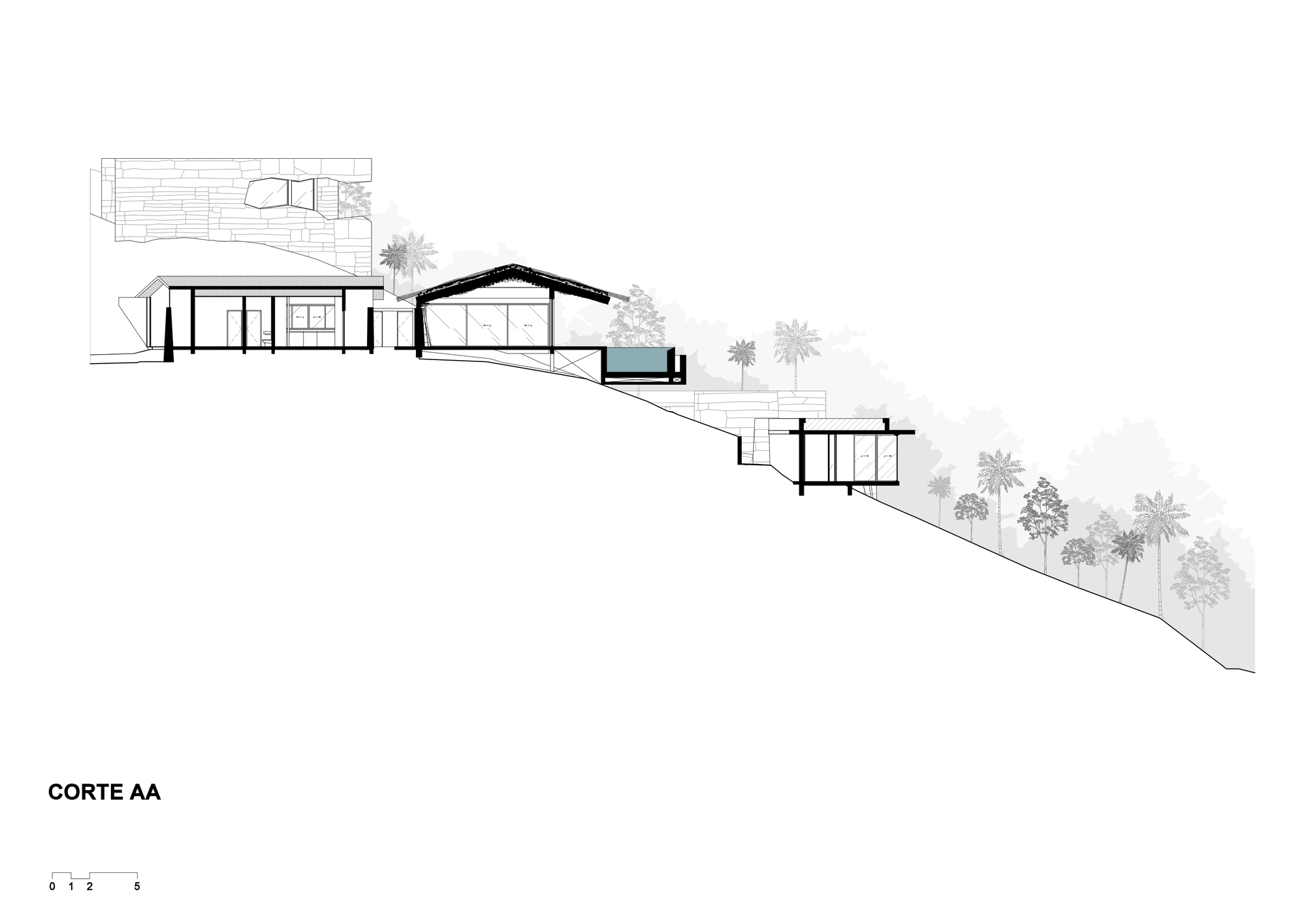 Section drawing AA showing buildings and the pool stepping down a steep palm-covered hillside below a rock face