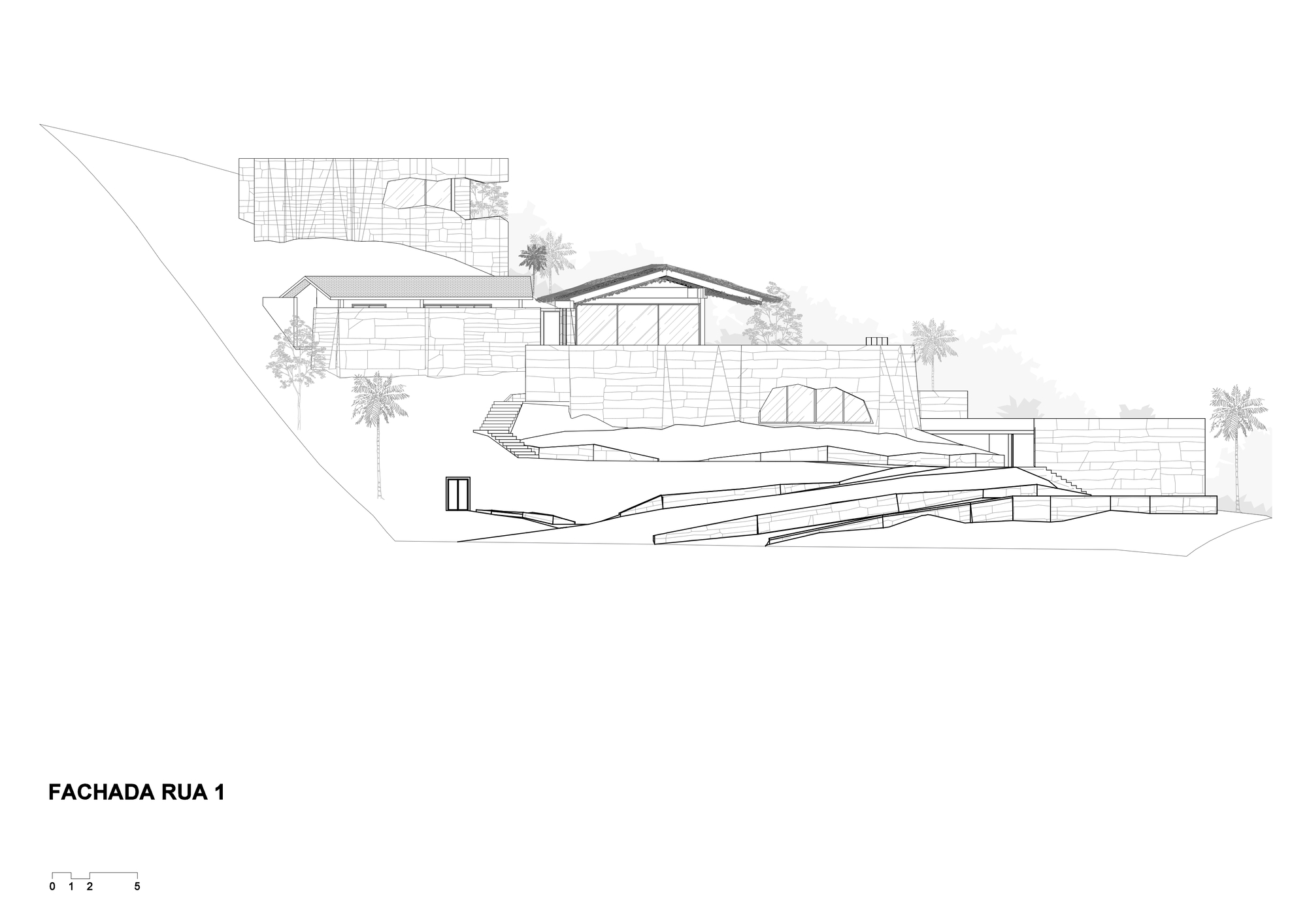 Elevation drawing of a stepped hillside house with stone walls, pitched roofs and angular ramps, with palm trees along the slope