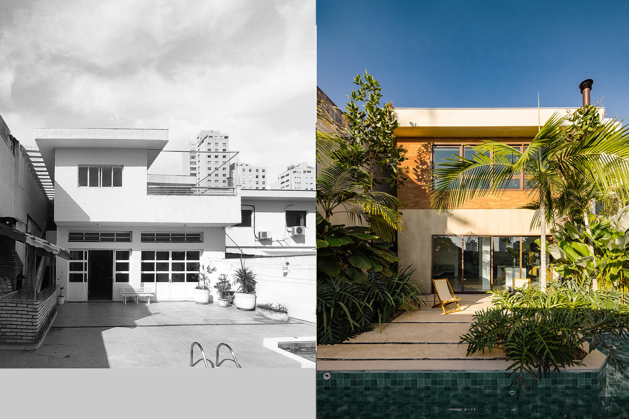 Split before and after view of a rear facade, a plain white house beside a version with brick, palms and a green-tiled pool