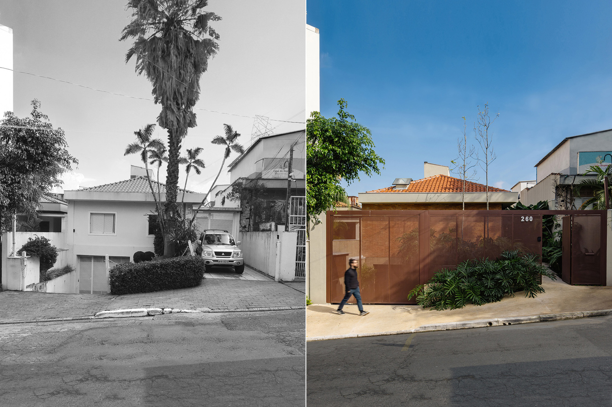Split before and after street view, a hedged garage frontage beside a rust-colored metal gate with a man walking past under blue sky