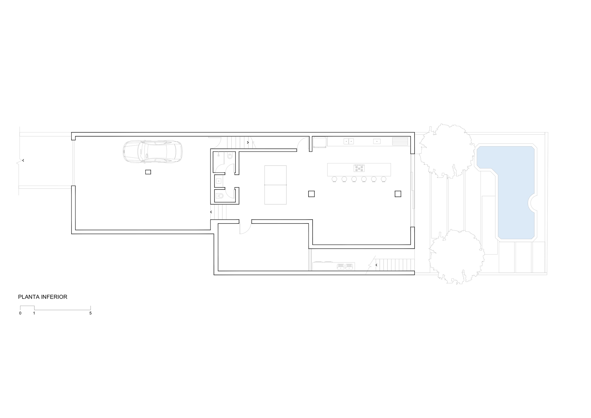 Lower floor plan drawing showing a garage, central service core, kitchen with long island and a pool with two trees at right