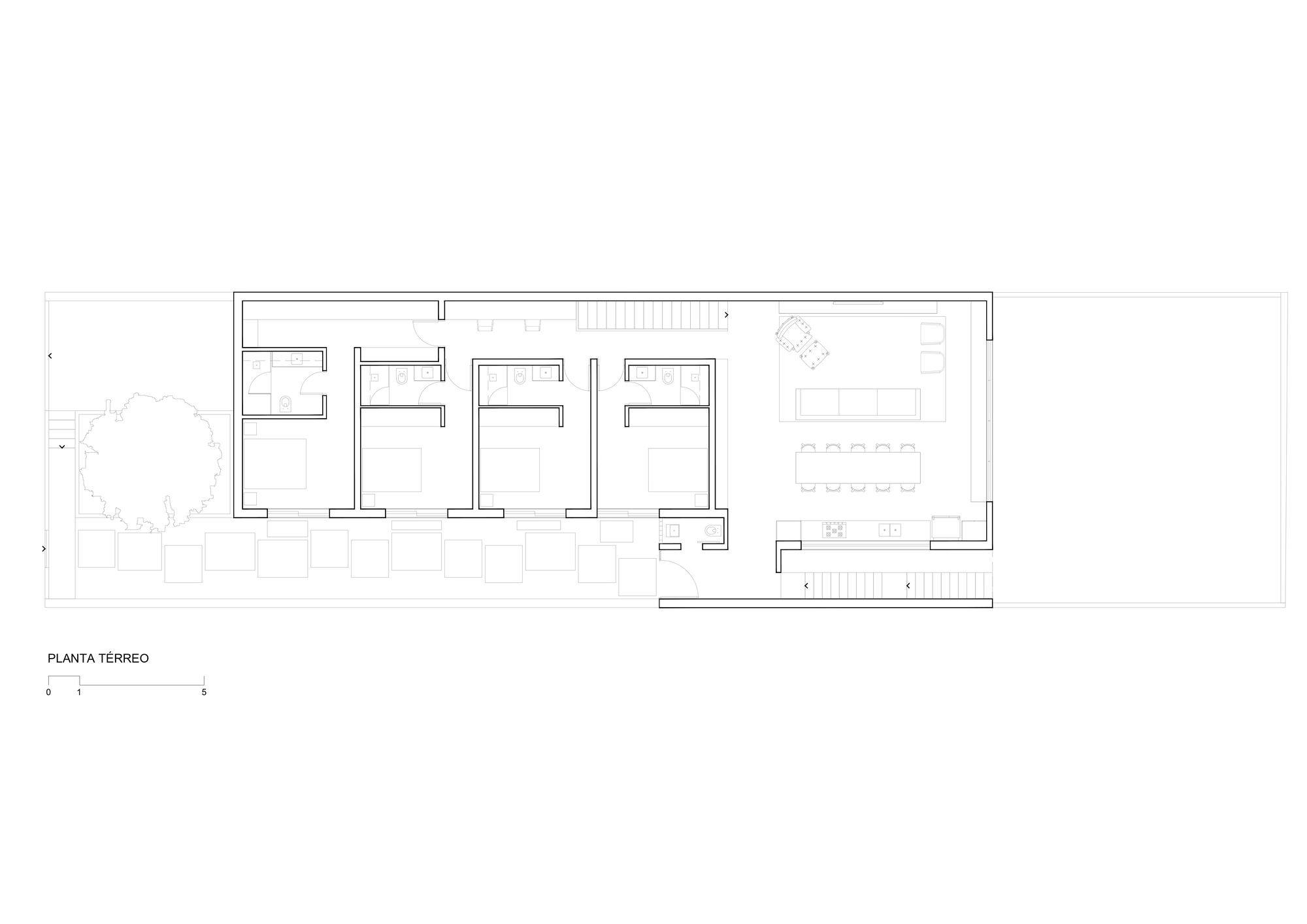Ground floor plan drawing showing four bedrooms in a row along a garden tree, with kitchen, dining table and living area at one end