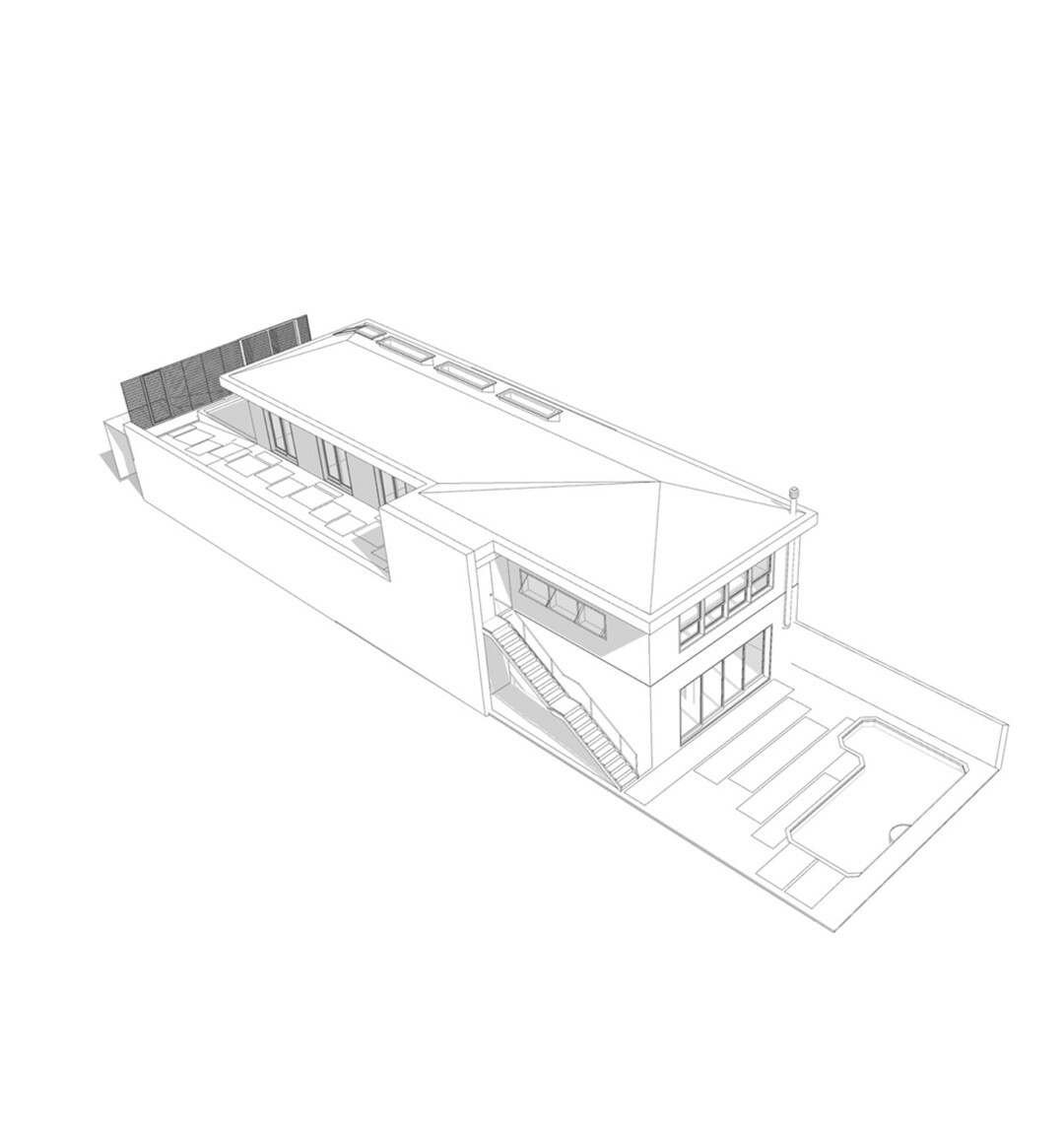 Axonometric drawing of a long hipped-roof house with rooftop skylights, an exterior stair, a paved terrace and a curved pool