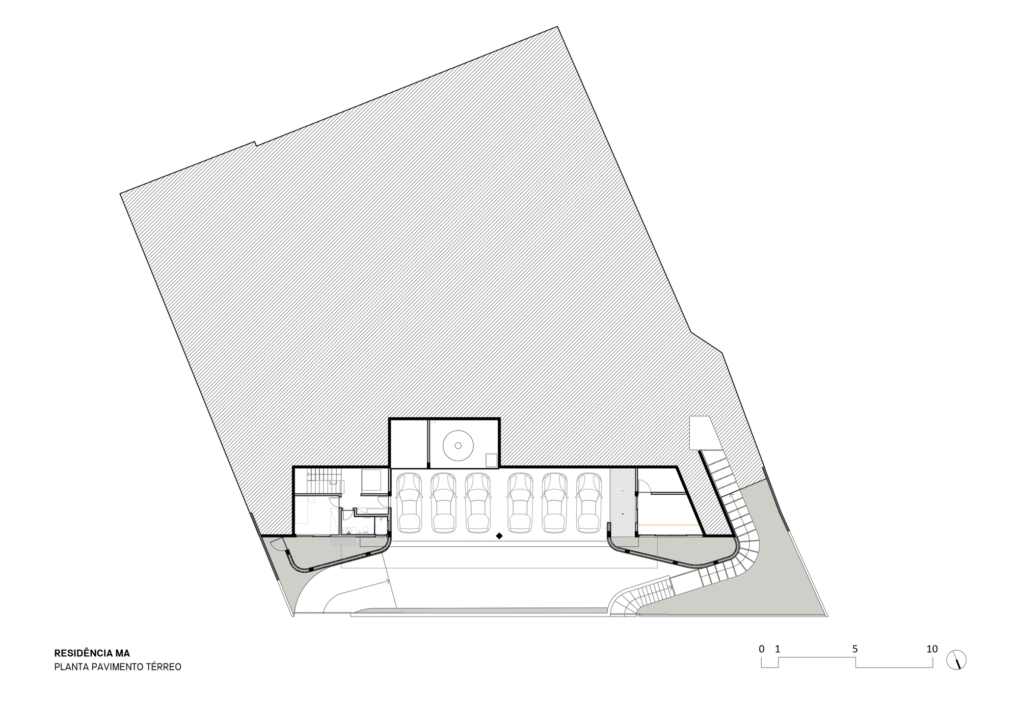 Ground floor plan drawing showing a row of six parking spaces, a curved entry ramp and stair on an irregular site