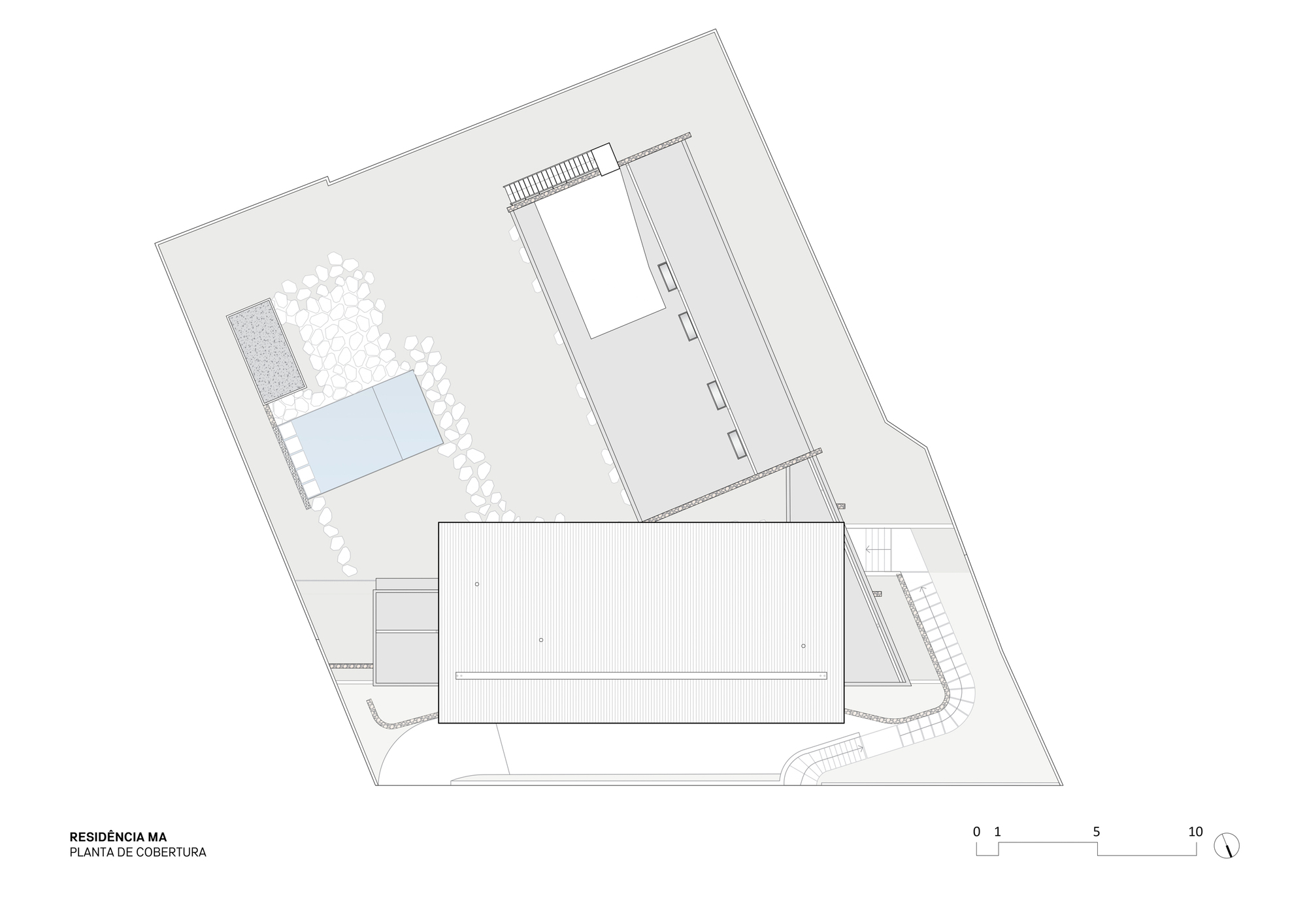 Roof plan drawing showing a large rectangular pitched roof, a bedroom wing roof with an open court, and the pool beside pebble paths