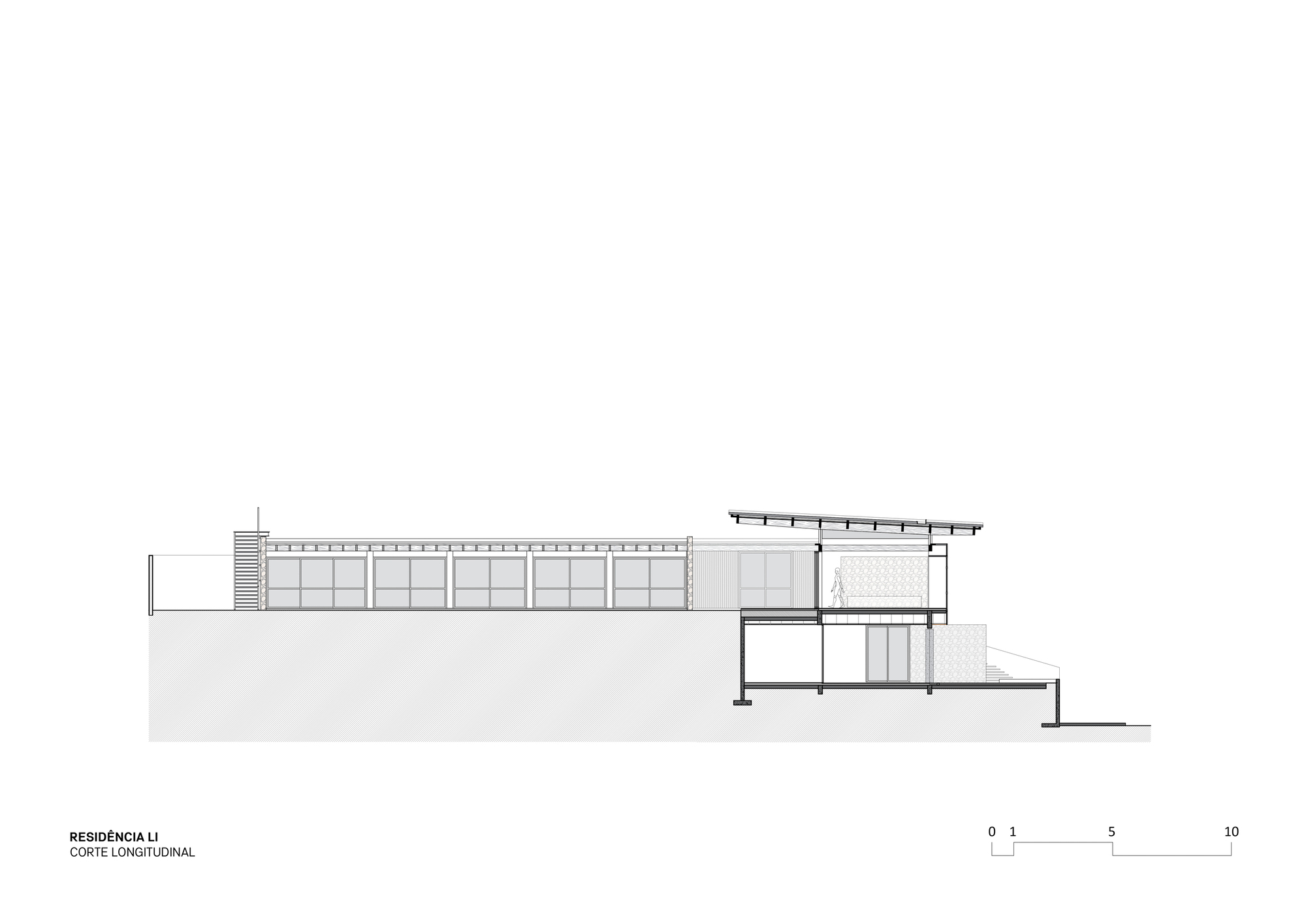 Longitudinal section drawing showing a long glazed pavilion on one side and a two-level volume under a sloped roof on the other