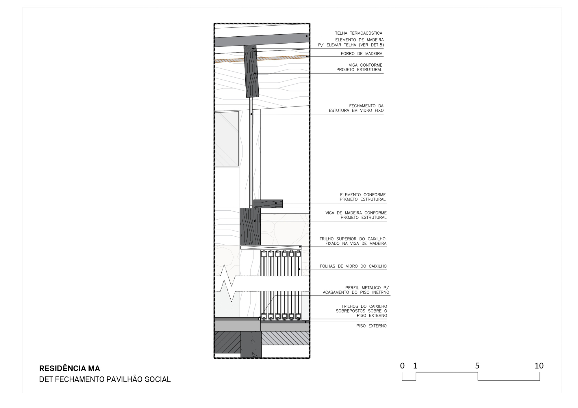 Construction detail section drawing of the glazed enclosure, showing timber beams, sliding glass panels on stacked tracks, roof tile layers and the exterior flo