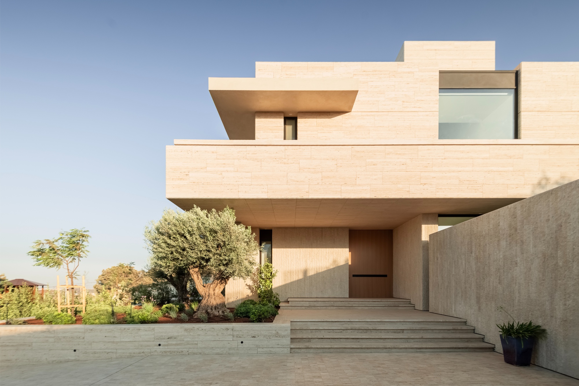 Entrance front with a wide cantilevered upper floor, timber door and shallow steps, an old olive tree in warm late light