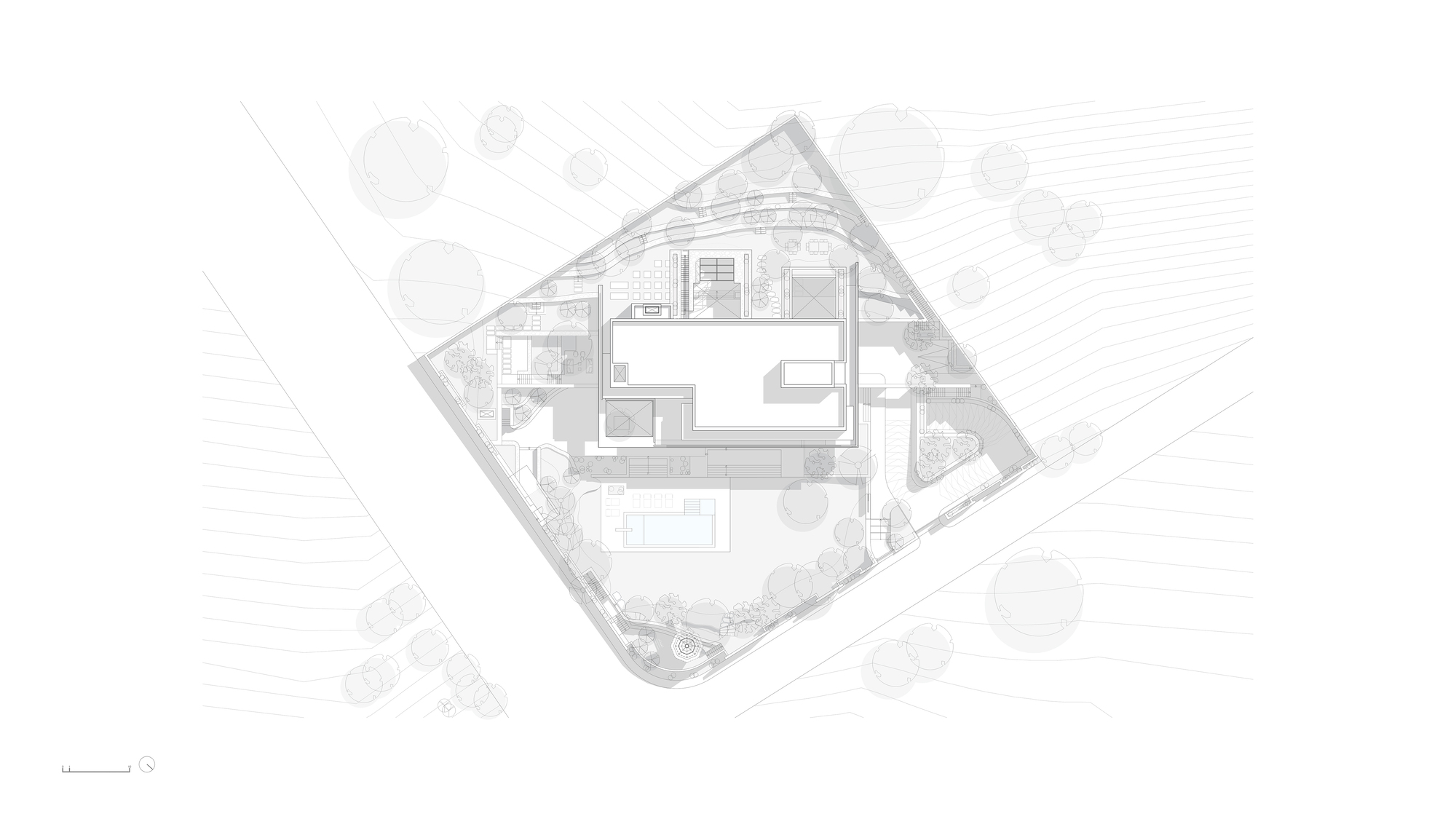Site plan drawing showing the building footprint, pool, landscaping and surrounding contour lines on an angular plot