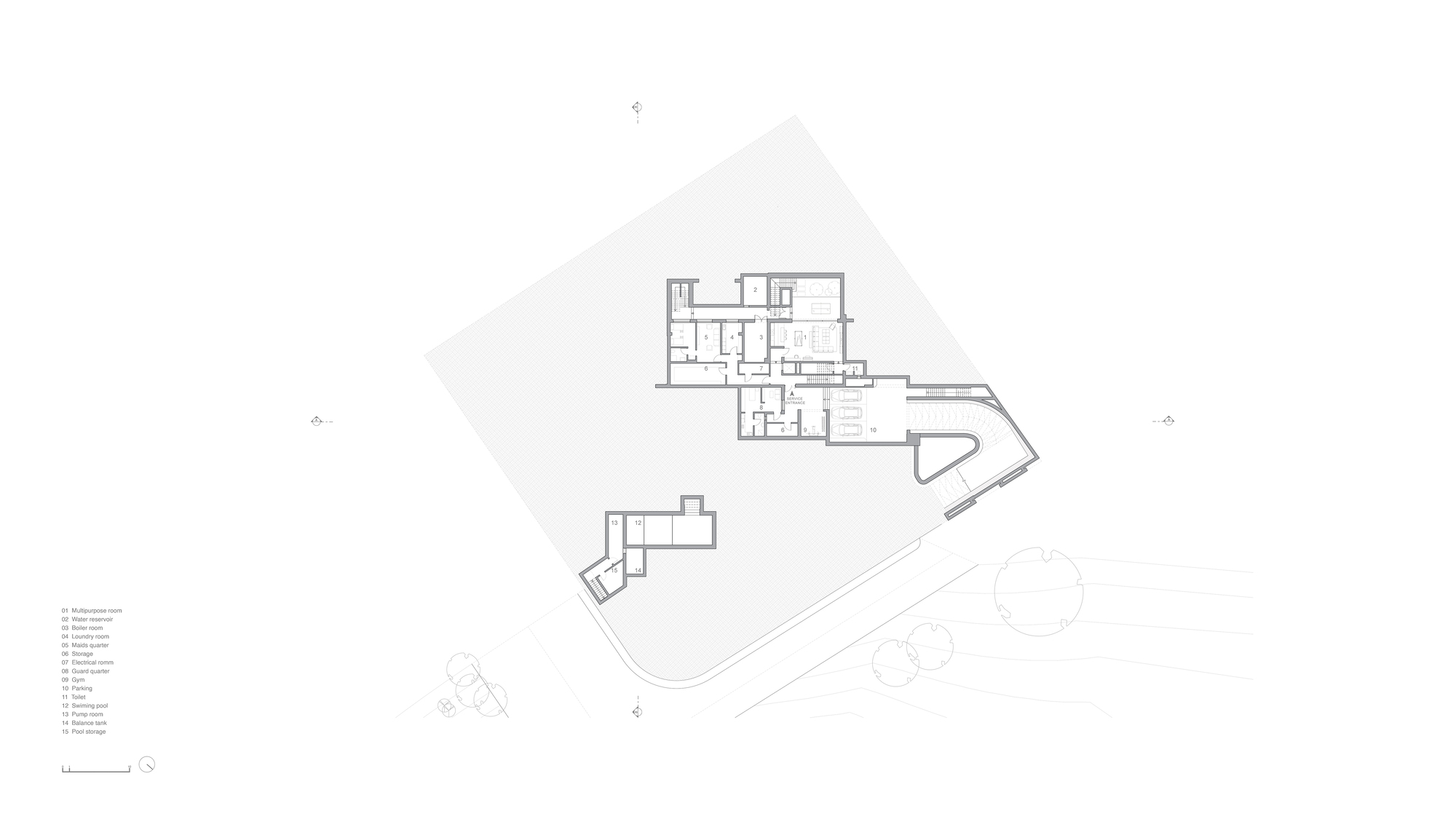 Basement floor plan drawing showing service rooms, parking and a curved ramp, with a legend of numbered spaces at lower left