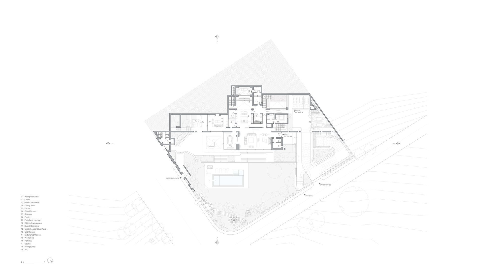 Ground floor plan drawing showing living spaces opening to a terrace, pool and garden, with a numbered room legend at lower left