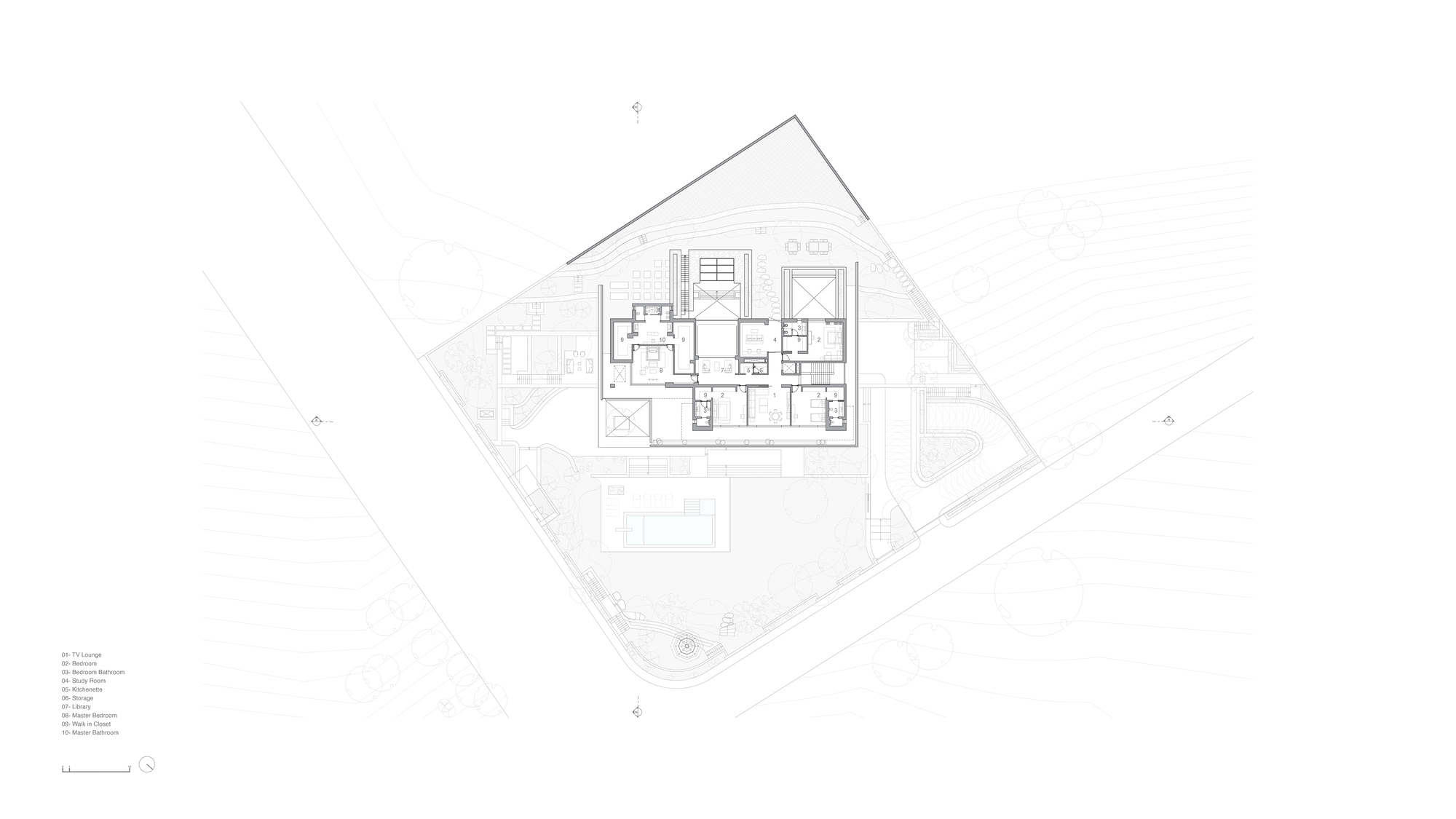 Site plan drawing of a compact house footprint with a rectangular pool, terraces and curved driveway set within contour lines and trees