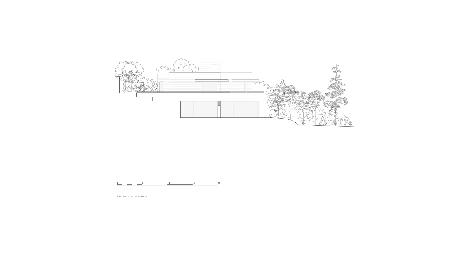 Elevation drawing of the eastern south facade, with a long cantilevered slab stepping down a sloped site among tall pines