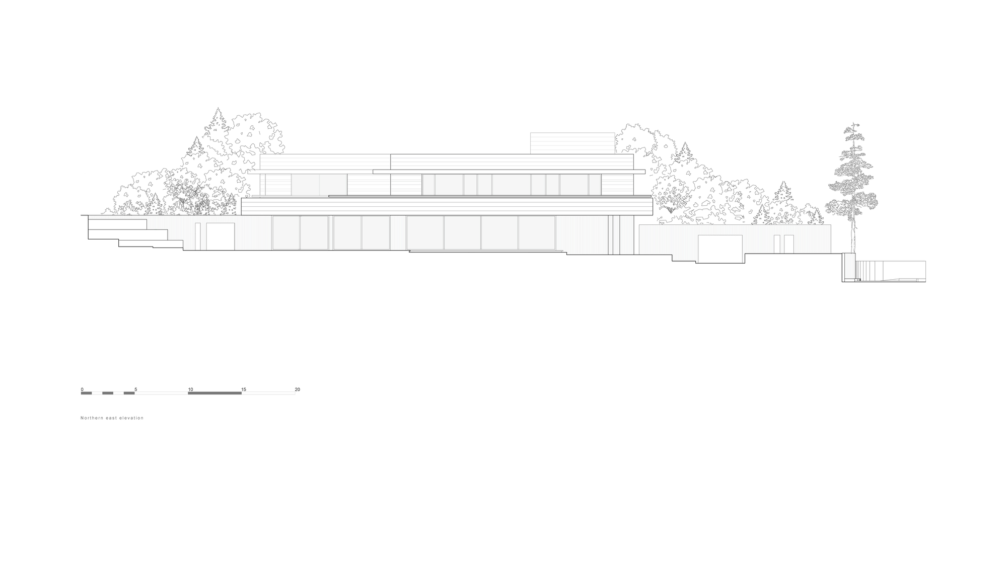 Elevation drawing of the northern east facade, showing a long glazed ground floor beneath stacked upper volumes and surrounding tree canopy