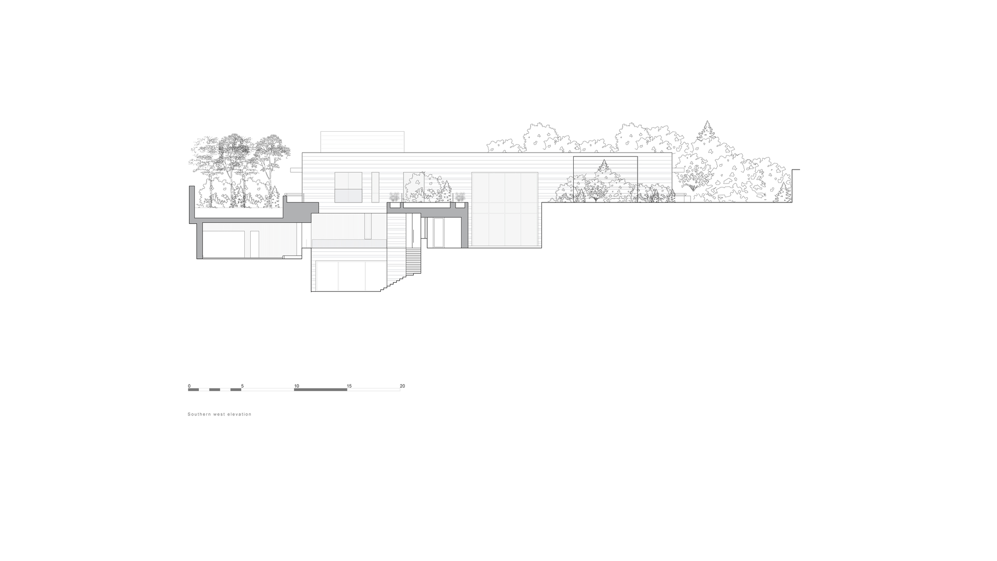 Elevation drawing of the southern west facade, with terraced lower levels, a retaining wall and a planted roof edge