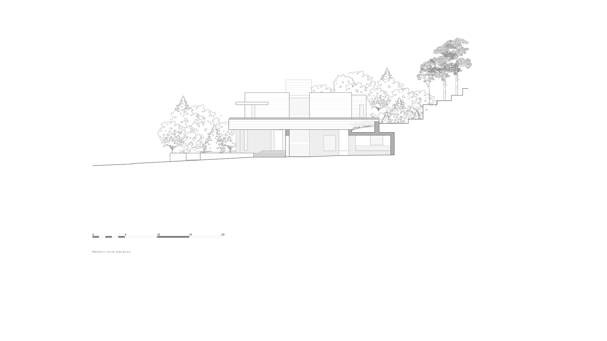 Elevation drawing of the western north facade, with the house sitting on a steep slope beside stepped terraces and trees