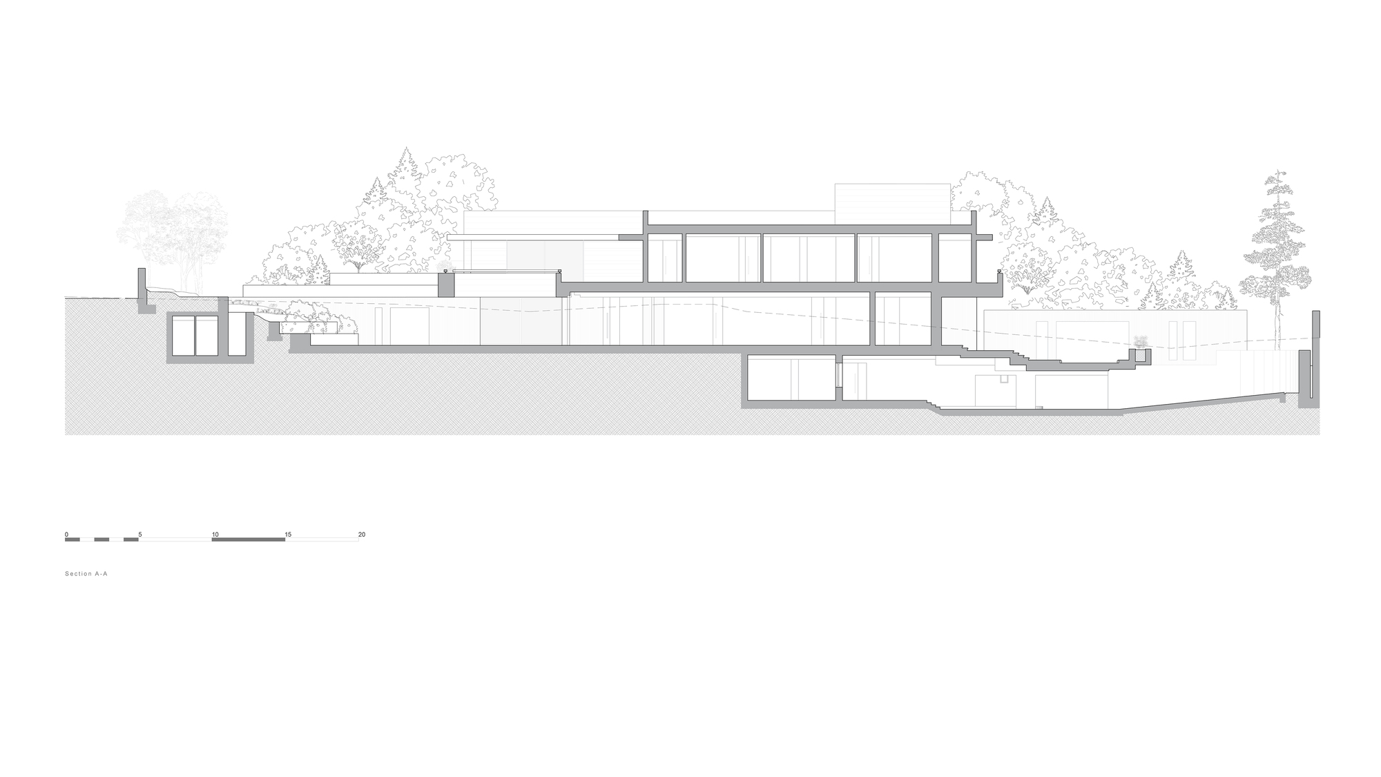 Section drawing cutting through the multi-level house, showing floor slabs, glazed upper rooms and basement spaces dug into the hillside