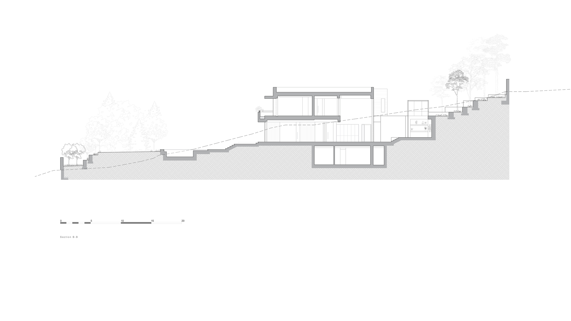 Section drawing of a multi-level house cut into a steep terraced slope, with a basement volume below and faint trees on the hillside