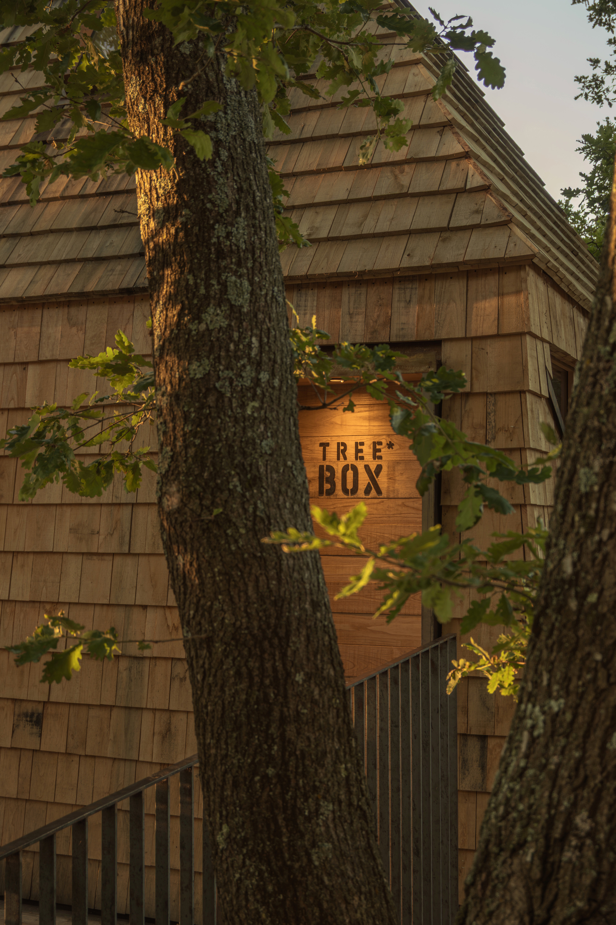 Entrance door with stenciled lettering set in a shingled wall, framed by oak trunks and railing at dusk