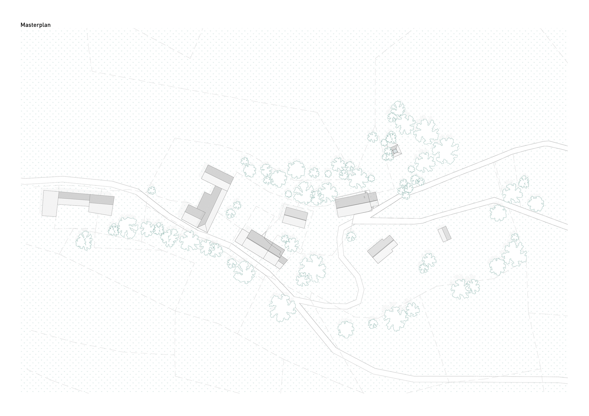 Masterplan drawing showing scattered buildings, tree clusters and winding access roads across a hillside site