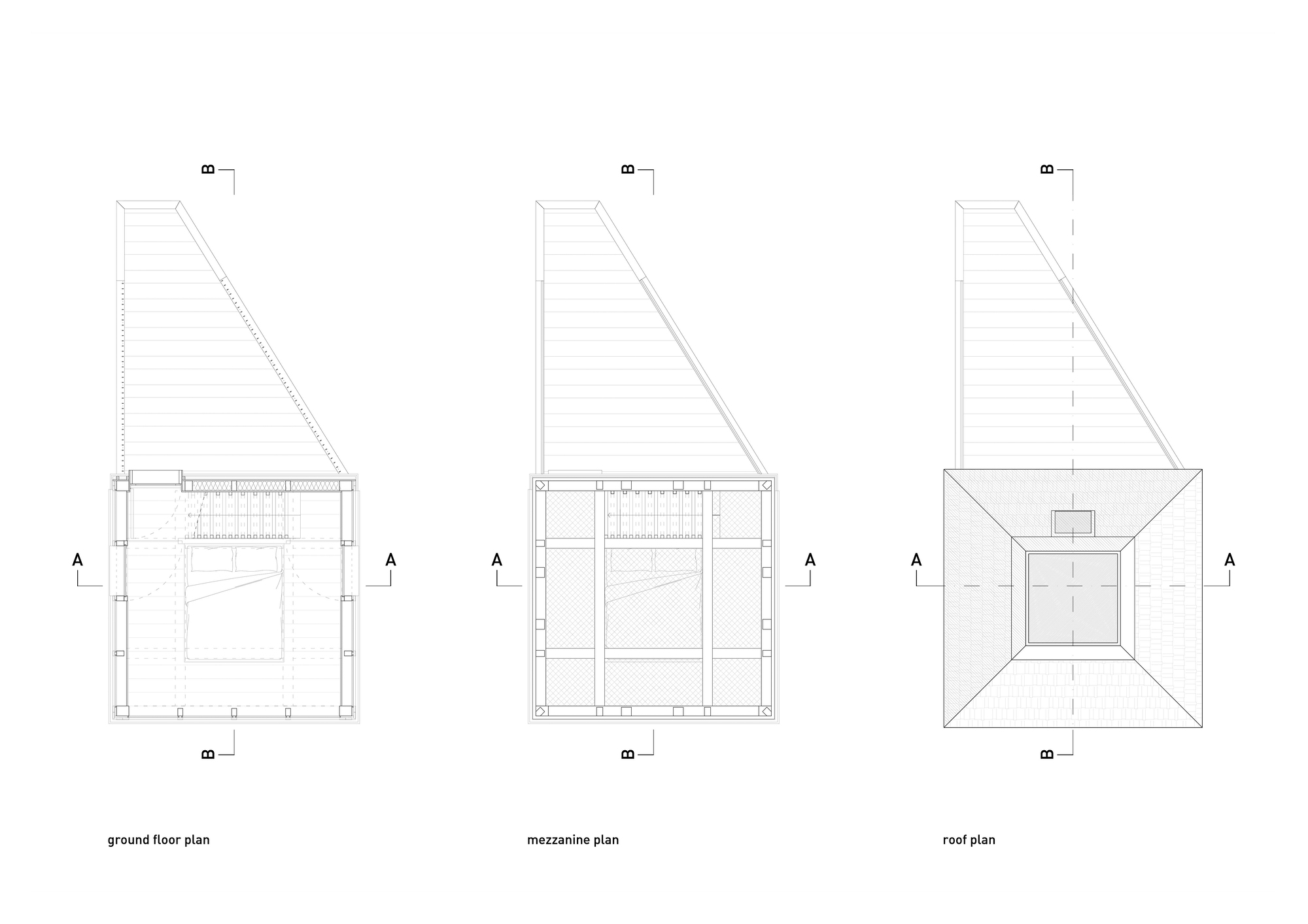 Plan drawings showing ground floor, mezzanine and roof layouts of a square cabin with a long ramp approach