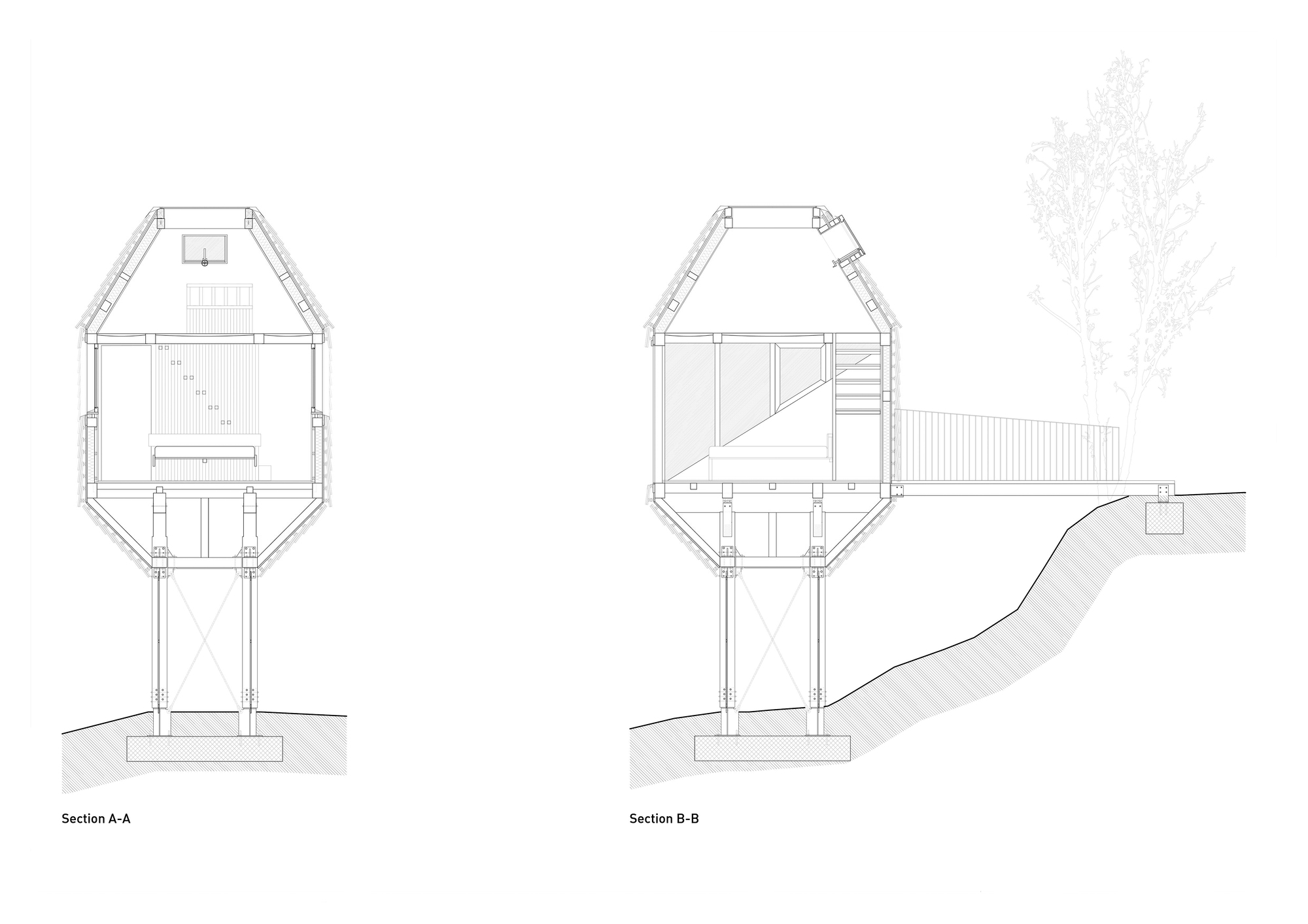 Section drawings A-A and B-B cutting through a stilted cabin, showing interior levels, posts, foundation and the sloping ground with a bridge
