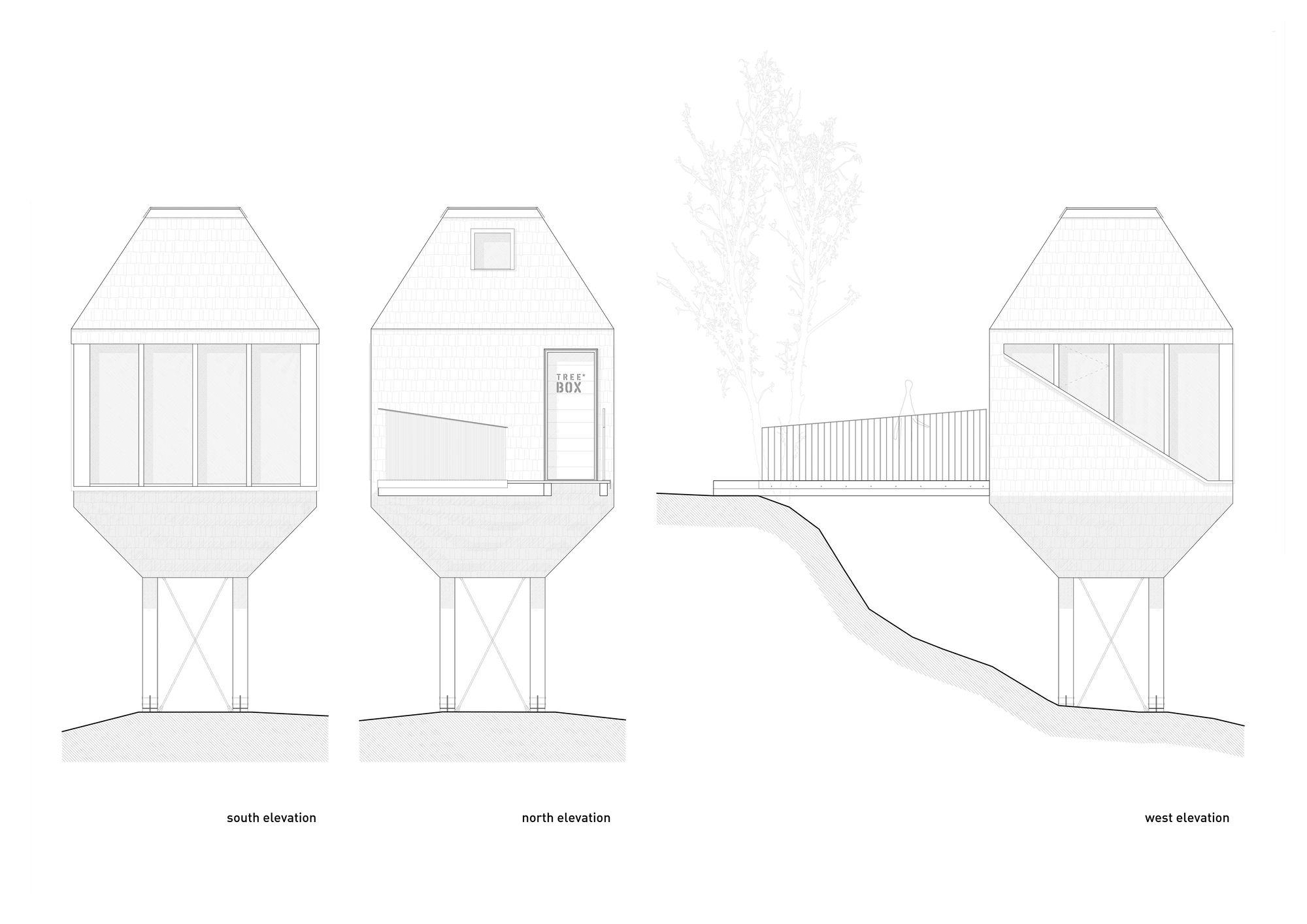 Elevation drawings of the south, north and west faces of a stilted cabin with glazing, entry door and a footbridge on sloping ground