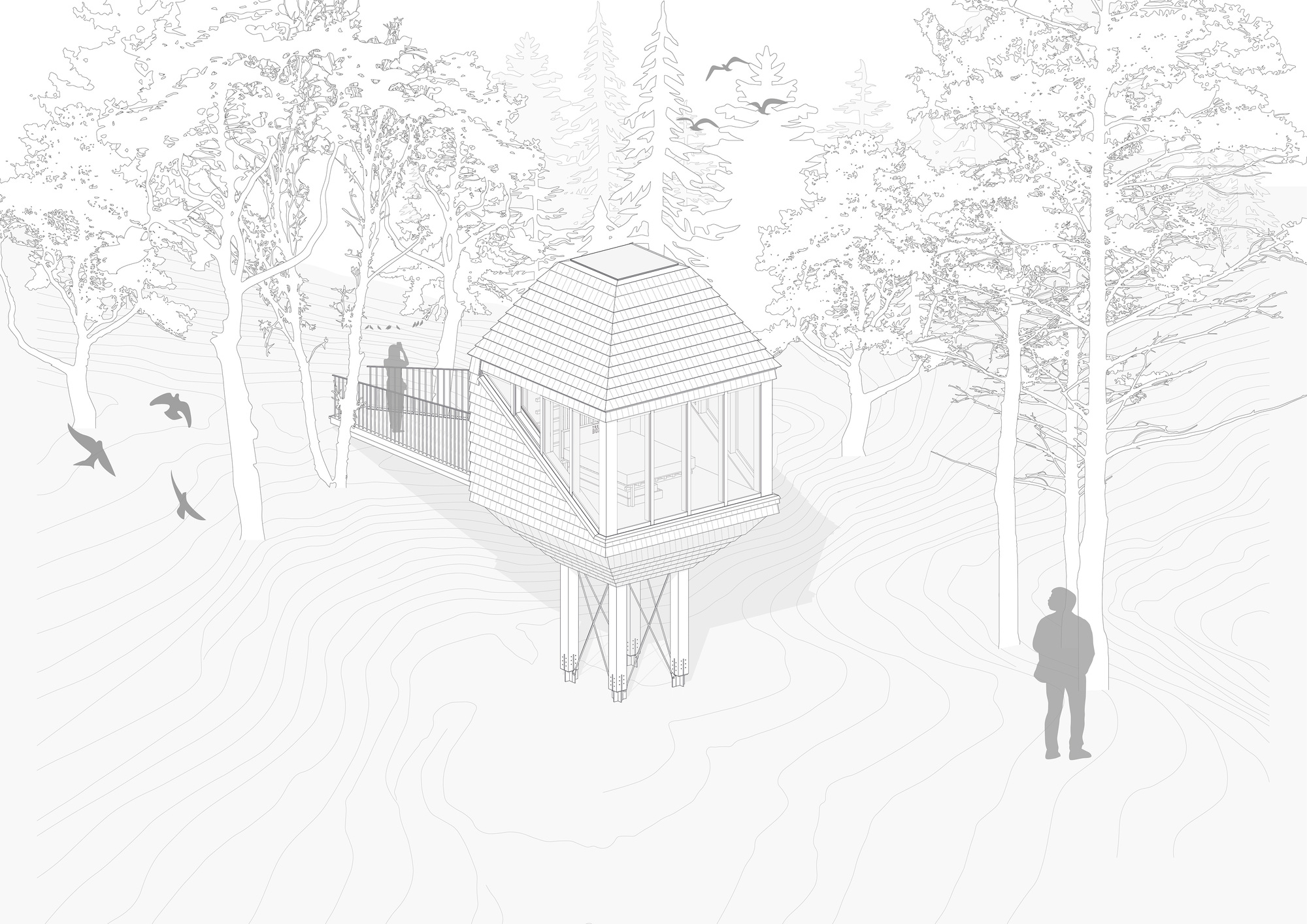 Axonometric drawing of the shingled cabin on cross-braced legs, glazed corner facing a walkway, with birds and a standing figure among trees