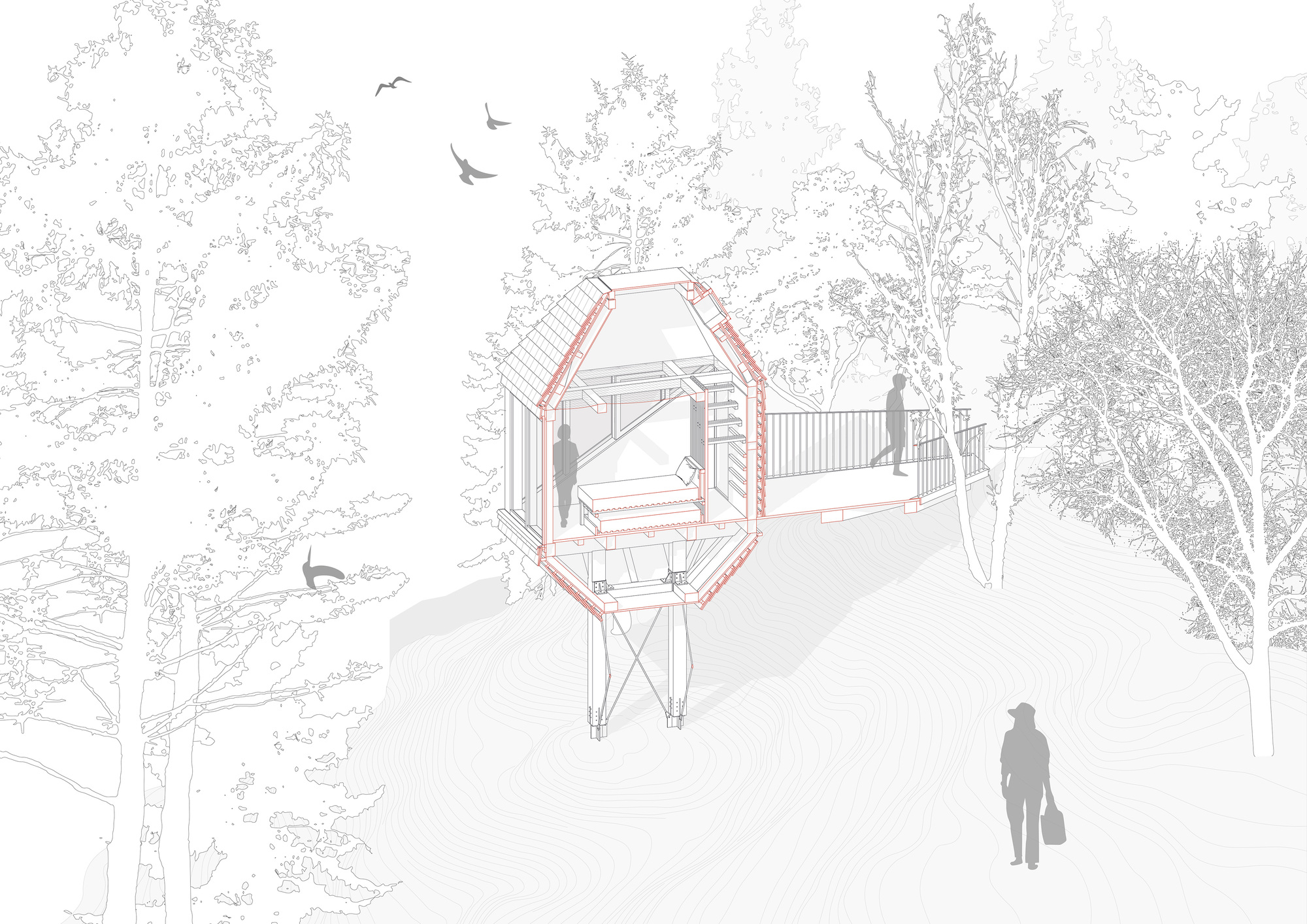 Cutaway axonometric drawing of the stilted cabin interior with a bed and shelving, a walkway bridge behind and a walker with a bag on the slope