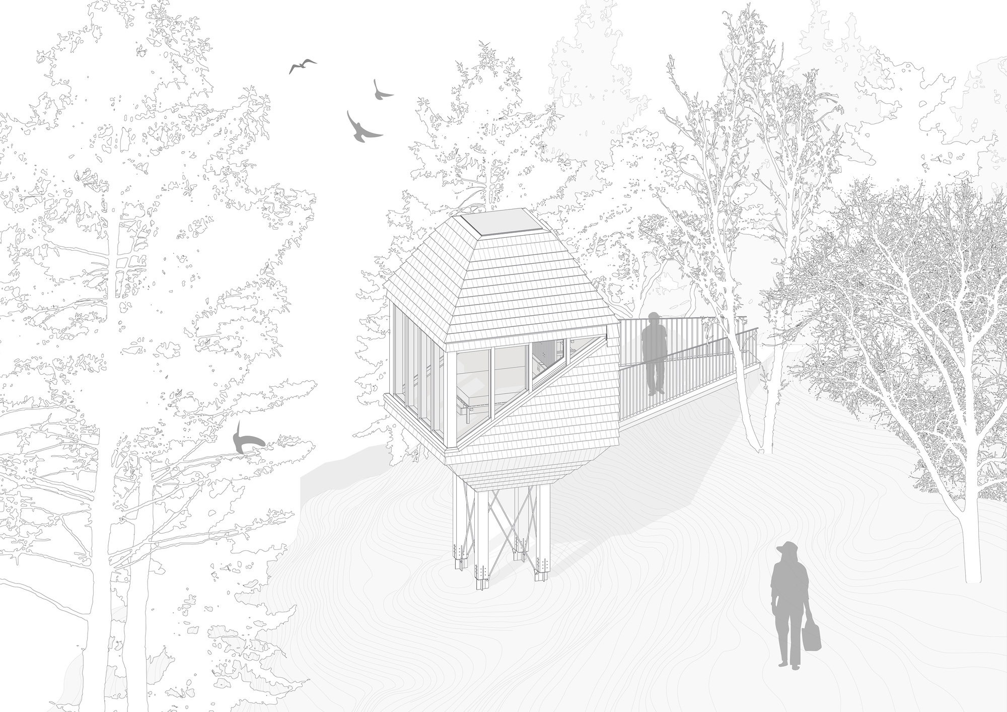 Axonometric drawing of the shingled cabin with its glazed corner and triangular window, a railed walkway beside it and a figure on the hillside