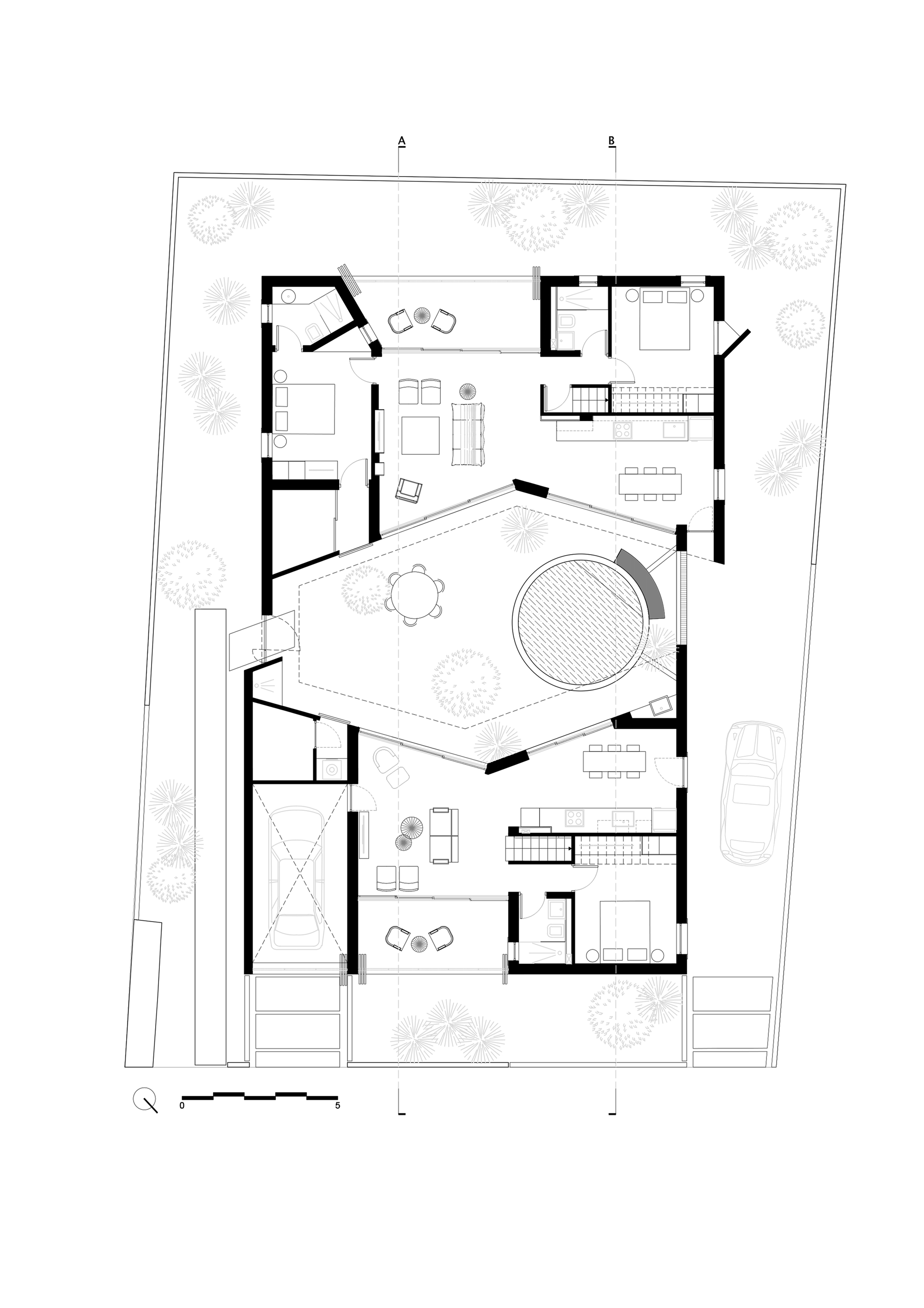 Ground floor plan drawing showing rooms wrapped around a hexagonal courtyard with a round pool, carport and garden trees