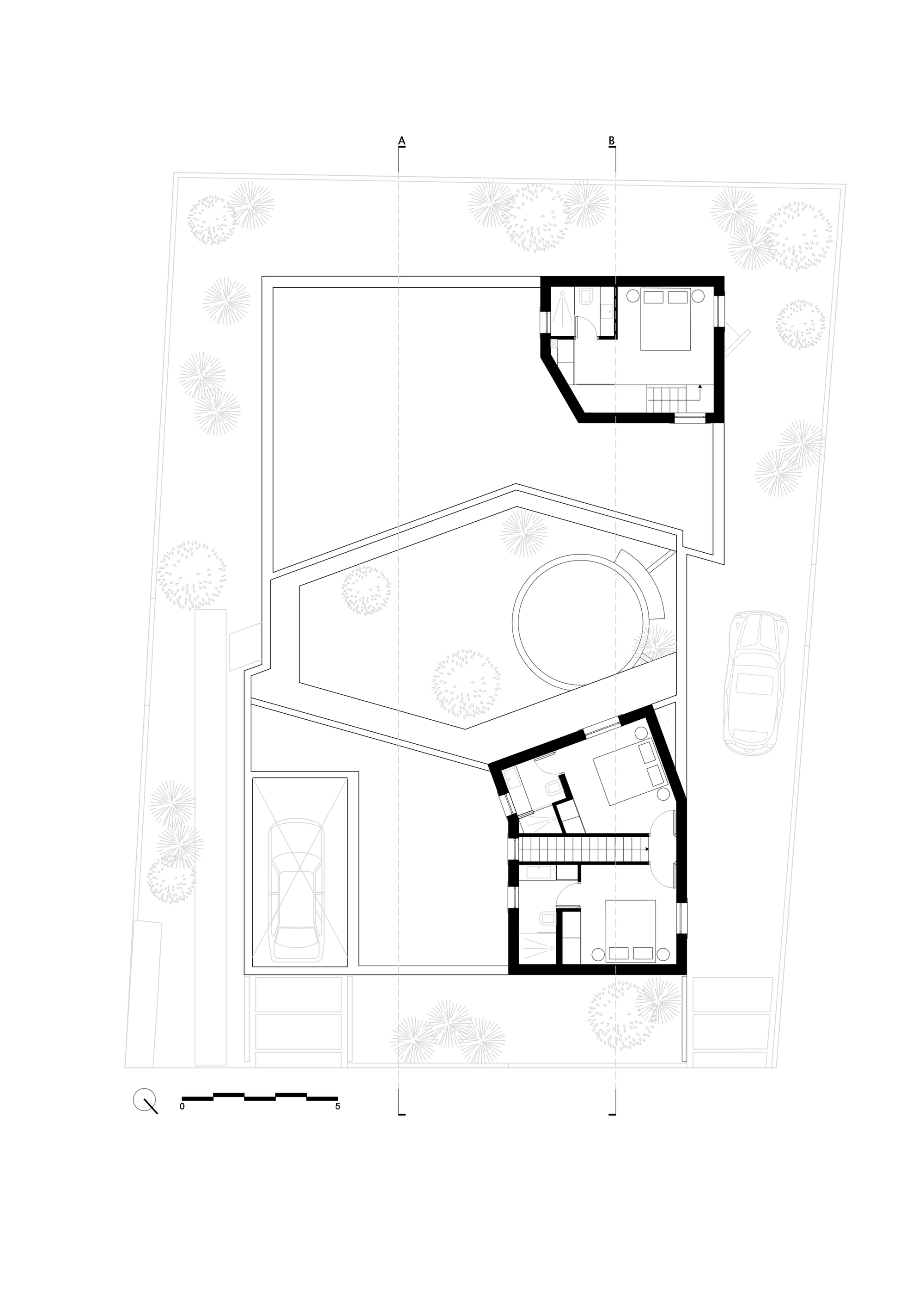 Upper floor plan drawing showing two small bedroom volumes on opposite corners above the courtyard house outline
