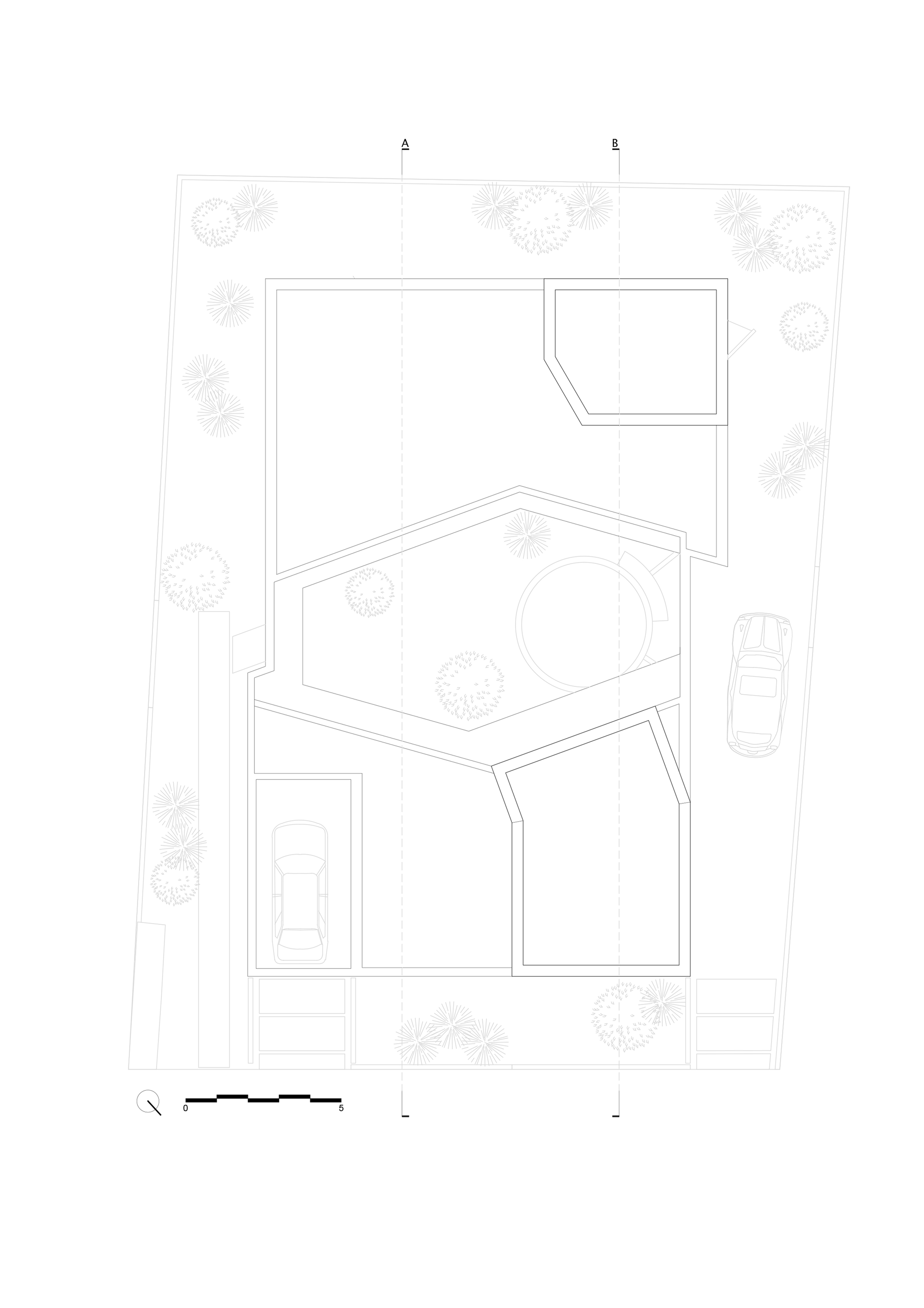 Roof plan drawing showing the outlines of two upper volumes, the central courtyard, the carport and the surrounding garden trees