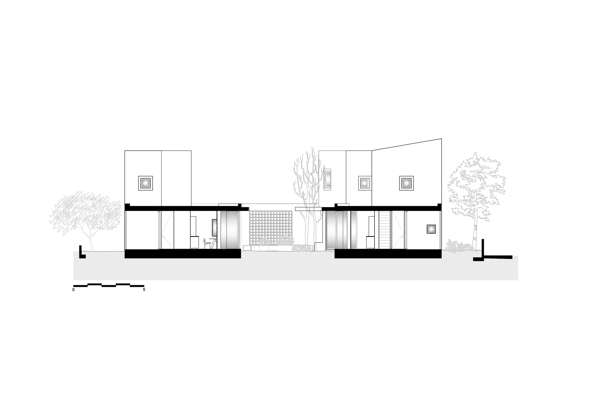 Section drawing cutting through two tower volumes and a perforated screen wall, with bare trees on either side