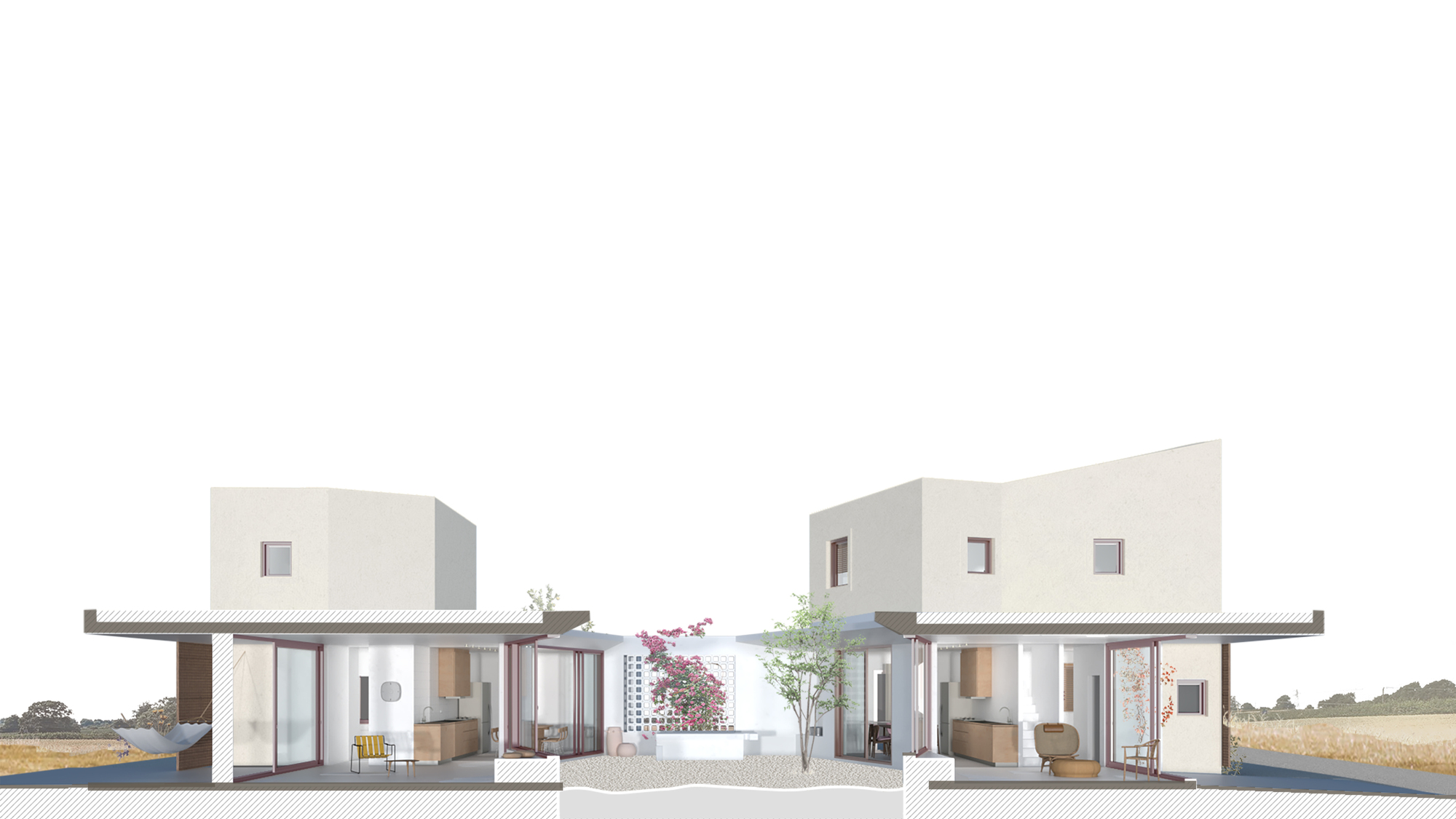 Colored section rendering of two white volumes facing a courtyard with a flowering pink tree, set against dry golden fields